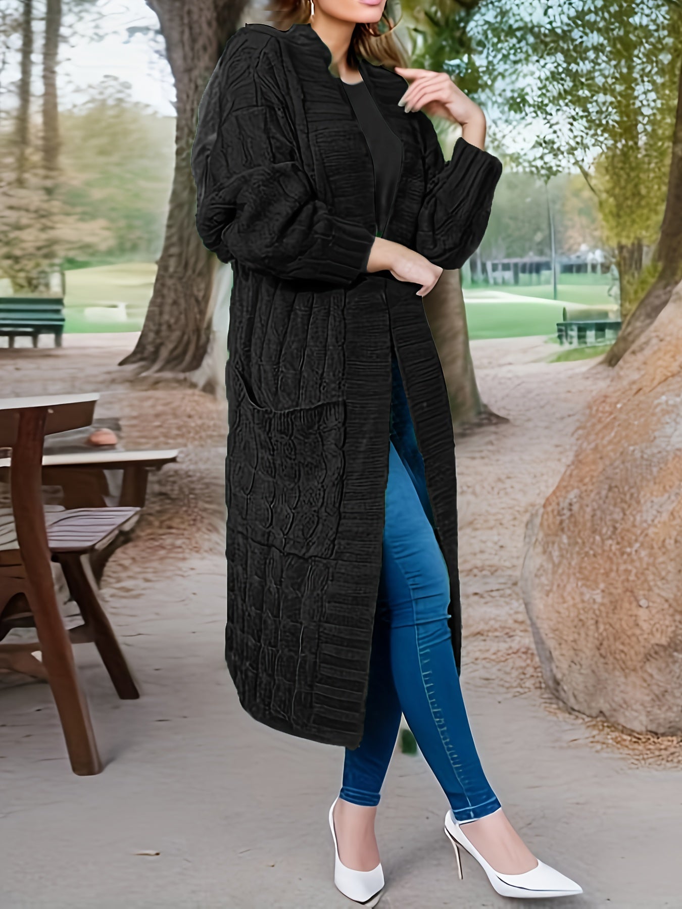 Sixsr Plus Size Elegant Sweater Cardigan, Women's Plus Cable Knit Open Front Long Sleeve High Stretch Cardigan With Pockets