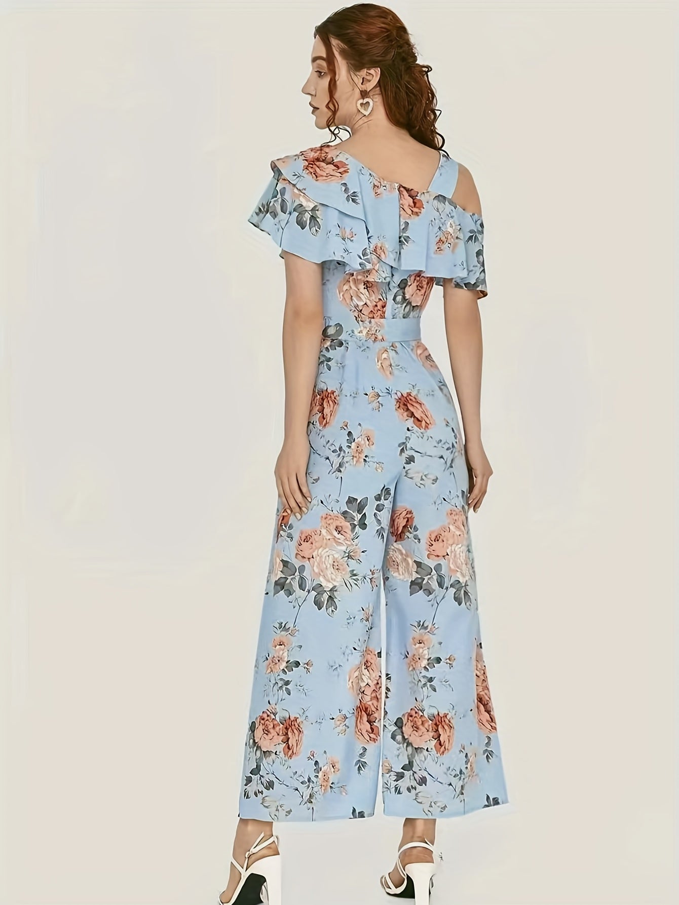 Floral Print Wide Leg Jumpsuit, Boho Ruffle Layered Hem Jumpsuit For Spring & Summer, Women's Clothing