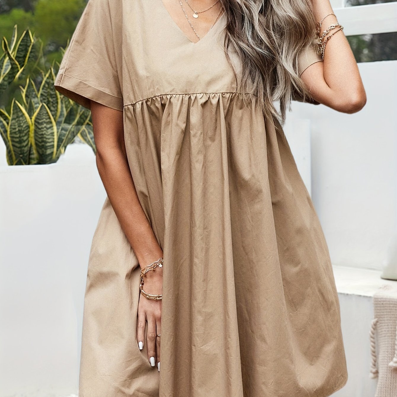 Sixsr Ruched Solid Mini Dress, Casual V Neck Short Sleeve Dress, Women's Clothing