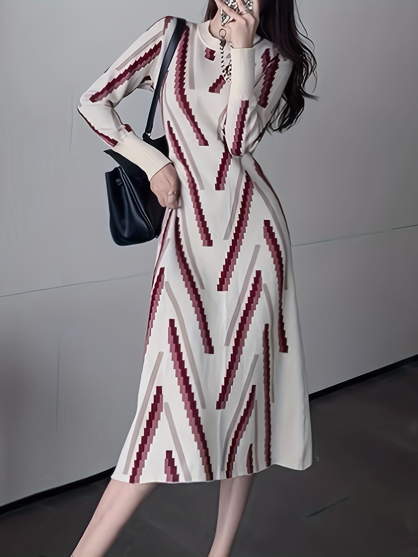 Sixsr Striped Pattern Sweater Dress, Crew Neck Long Sleeve Slim Elegant Dress, Women's Clothing