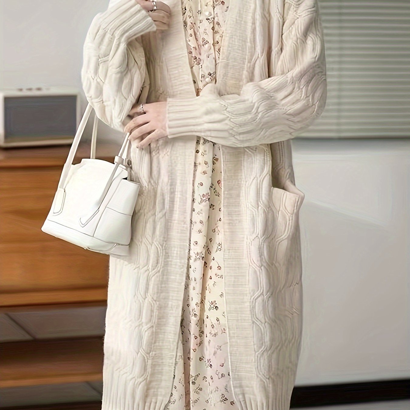 Sixsr Solid Open Front Cable Knit Cardigan, Casual Long Sleeve Warm Sweater Coat With Pocket, Women's Clothing