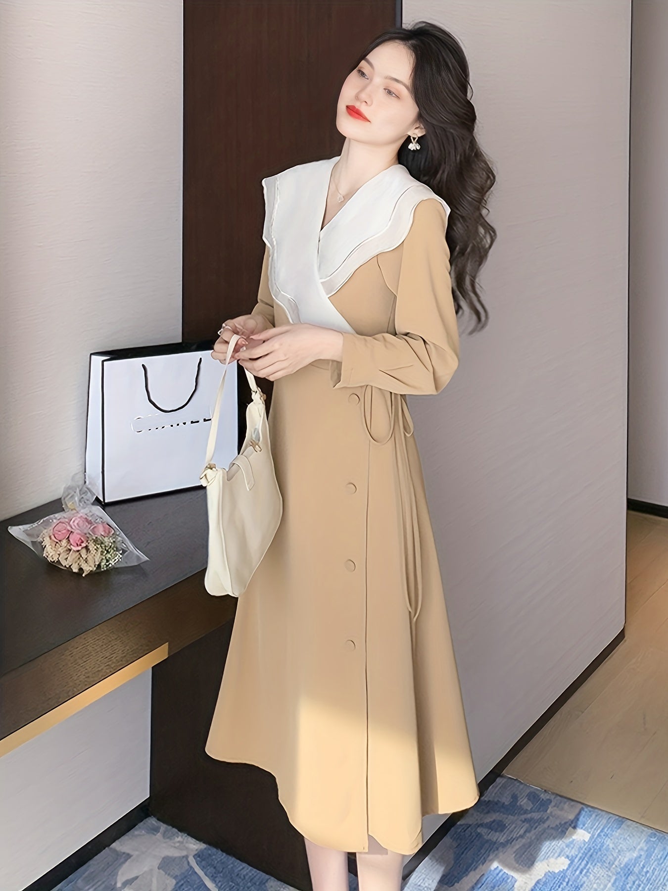 Sixsr Ruffle Trim Surplice Neck Dress, Elegant Long Sleeve Solid Dress, Women's Clothing