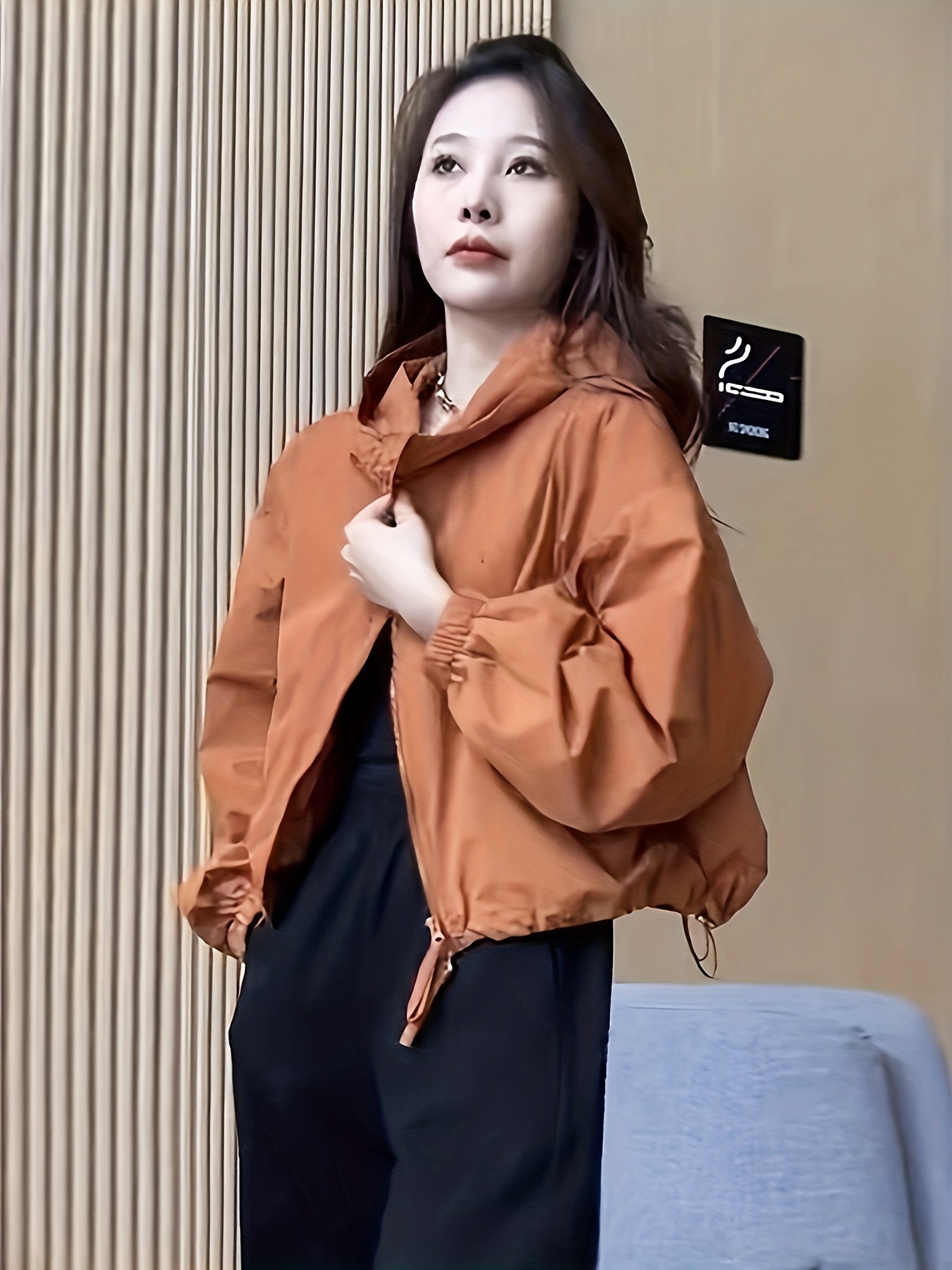 Sixsr Solid Zipper Drawstring Hooded Jacket, Casual Long Sleeve Loose Outwear For Spring & Fall, Women's Clothing