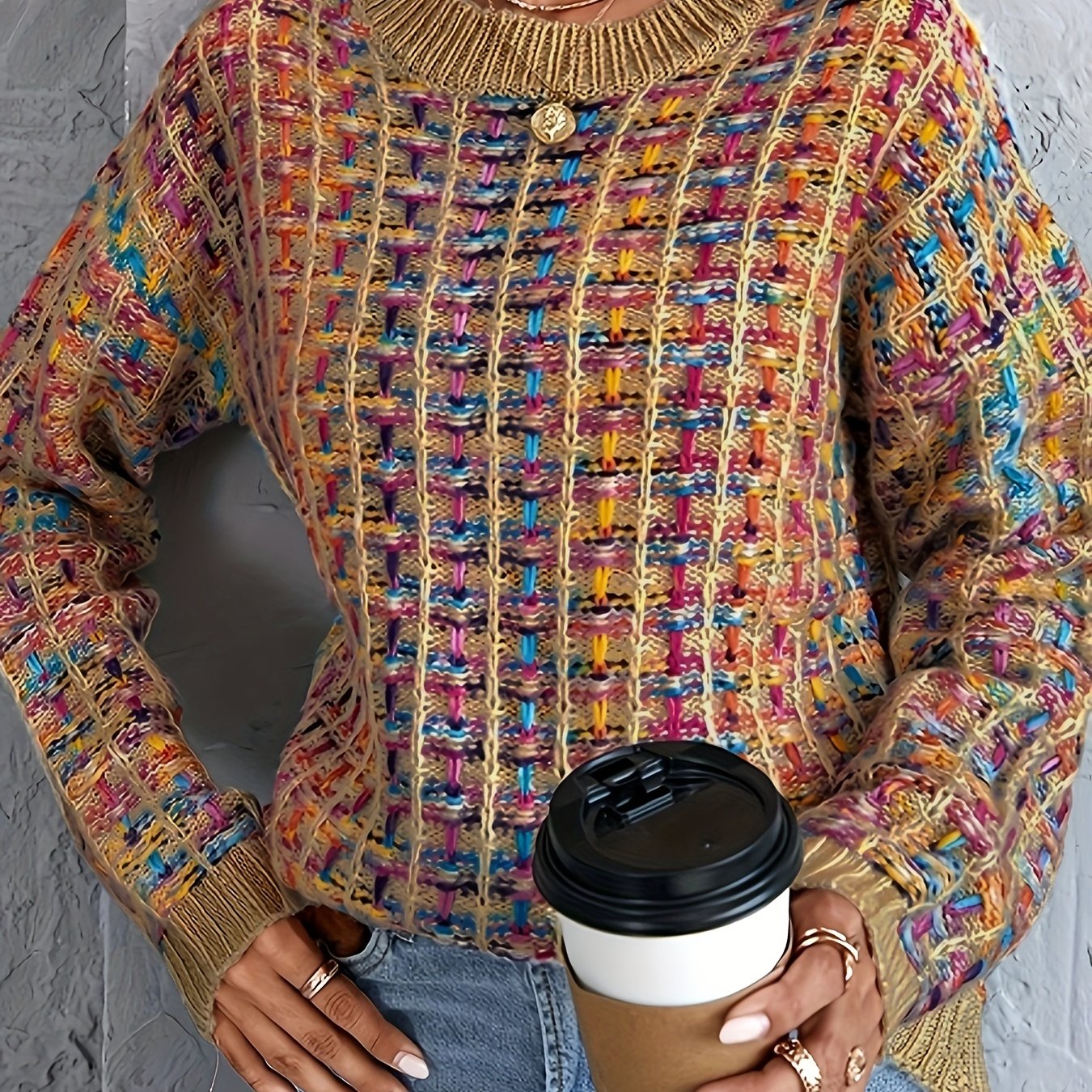 Sixsr Colorful Knit Sweater, Casual Crew Neck Long Sleeve Sweater, Women's Clothing