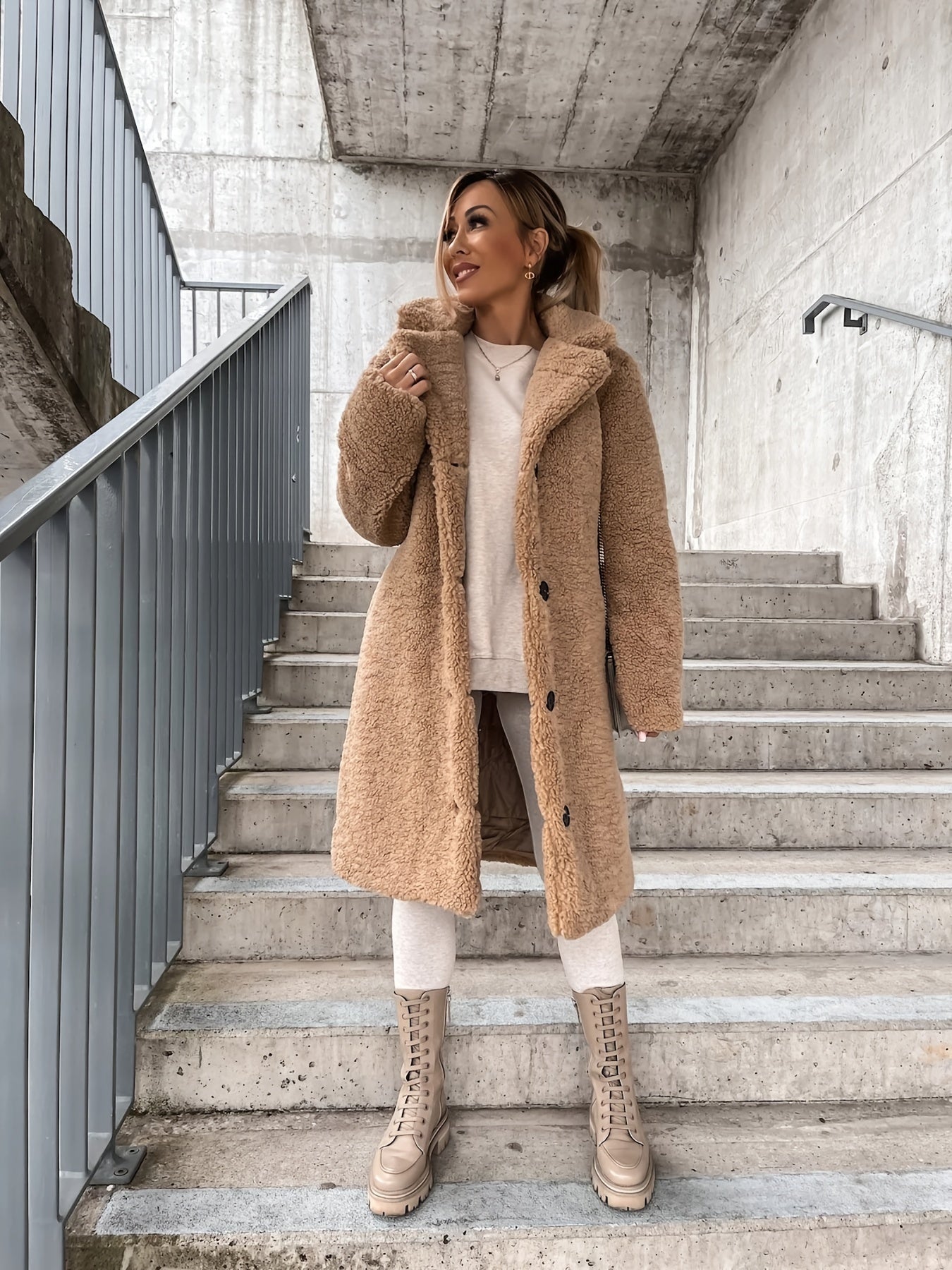 Sixsr Button Up Warm Long Coat, Long Sleeve Solid Outerwear For Winter & Fall, Women's Clothing