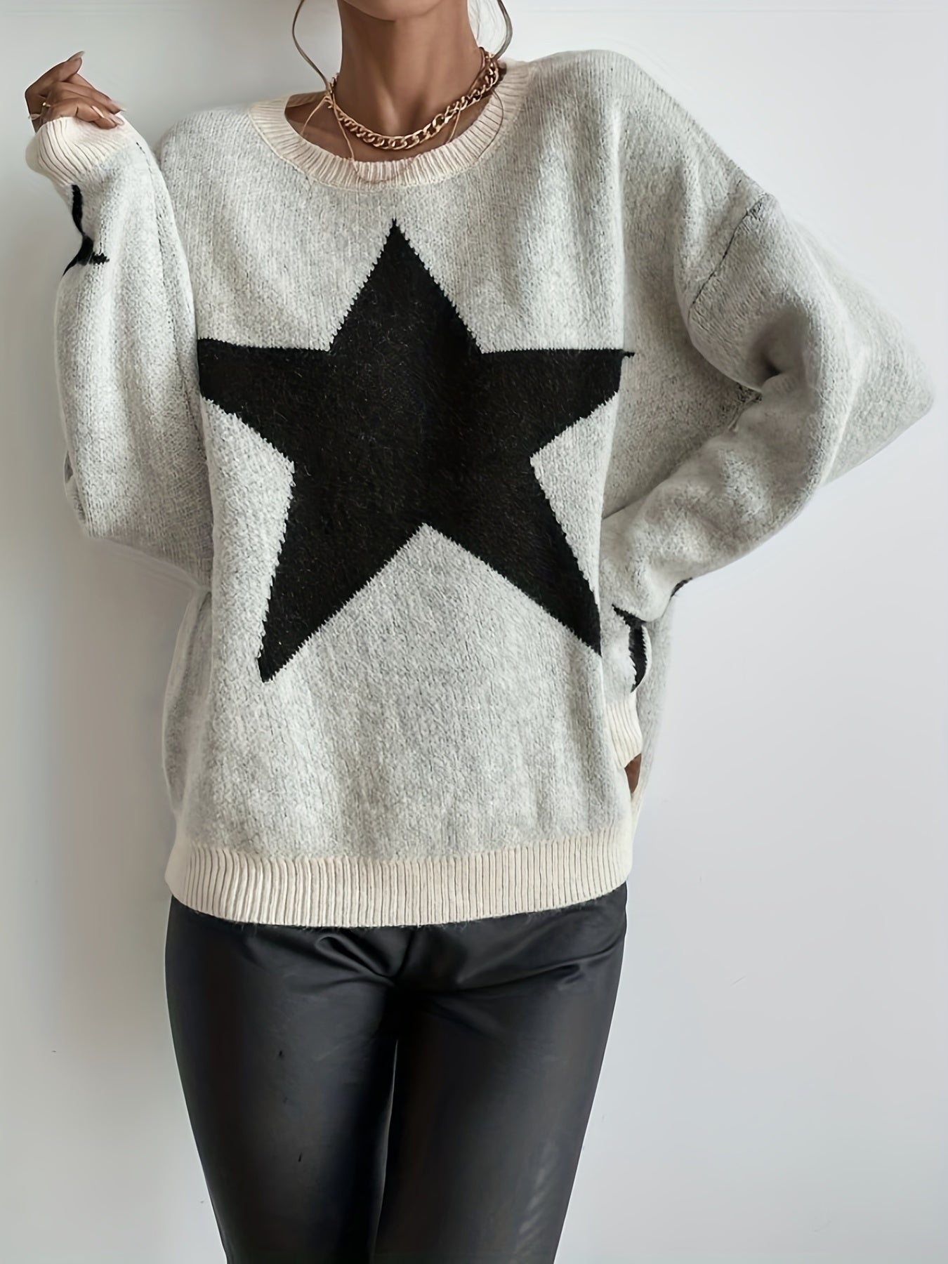 Sixsr Star Pattern Long Sleeve Sweater, Crew Neck Casual Sweater, Women's Clothing