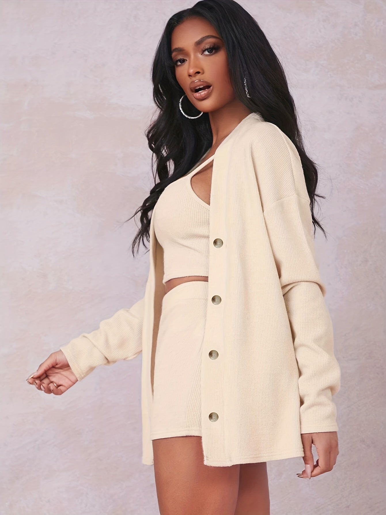 Sixsr Solid Casual Three-piece Set, Button Front Long Sleeve Tops & Spaghetti Strap Cami Top & Slim Shorts Outfits, Women's Clothing