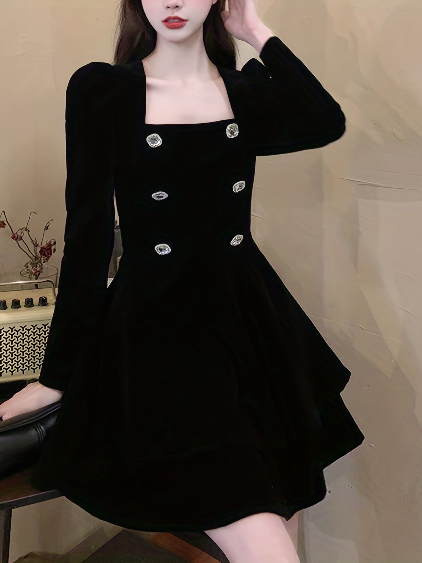 Sixsr Double Breasted Solid Dress, Casual Squared Neck Long Sleeve Dress, Women's Clothing