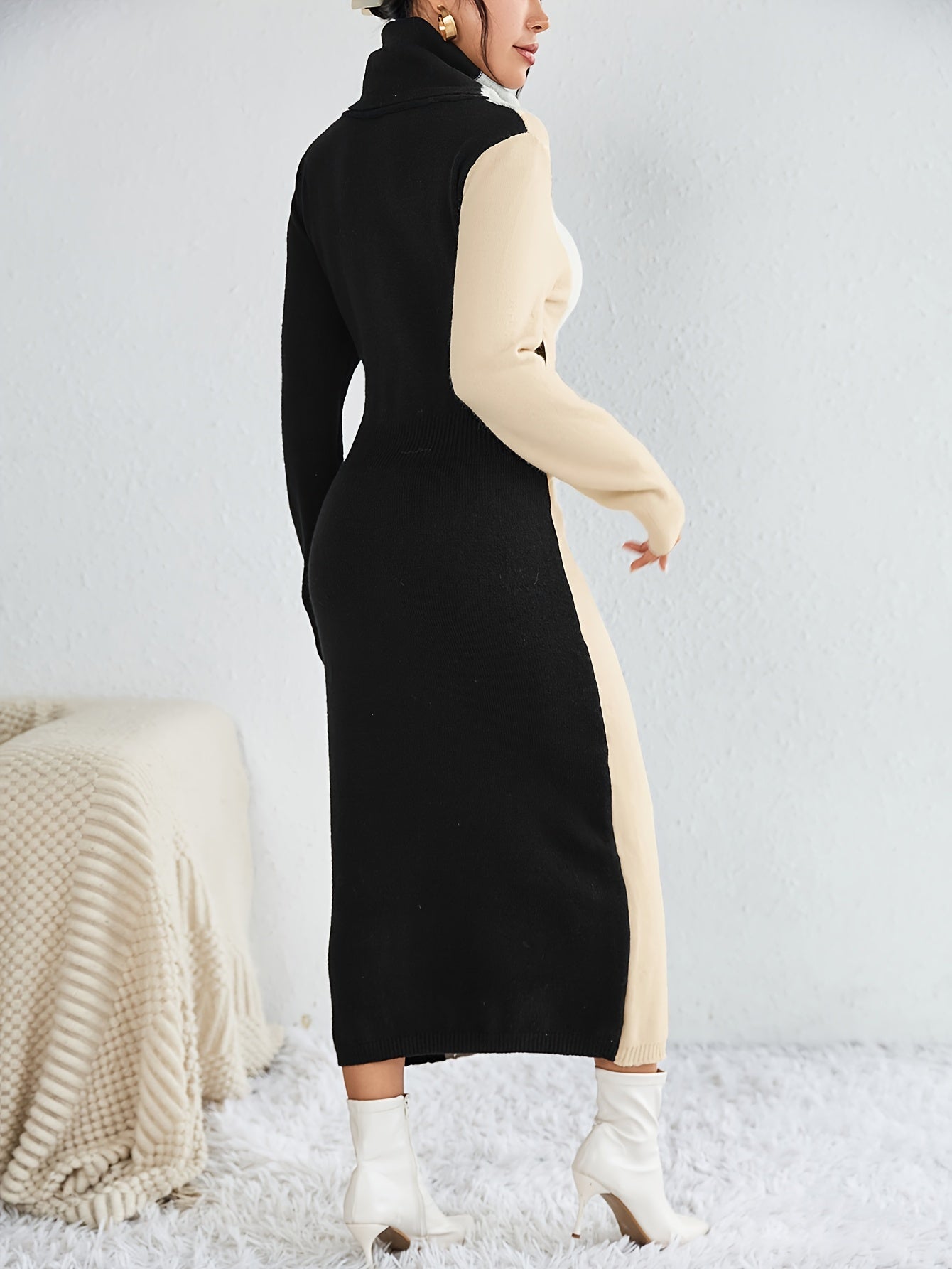 Sixsr Color Block Rib Knit Dress, Casual High Neck Long Sleeve Midi Dress, Women's Clothing