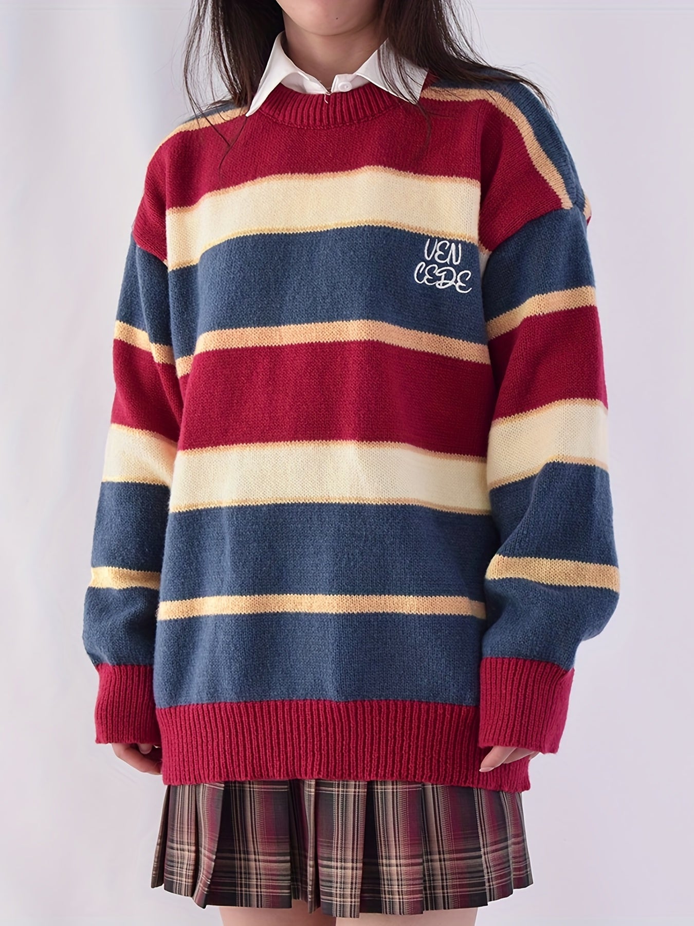 Sixsr Letter Embroidery Color Block Sweater, Casual Long Sleeve Sweater For Fall & Winter, Women's Clothing