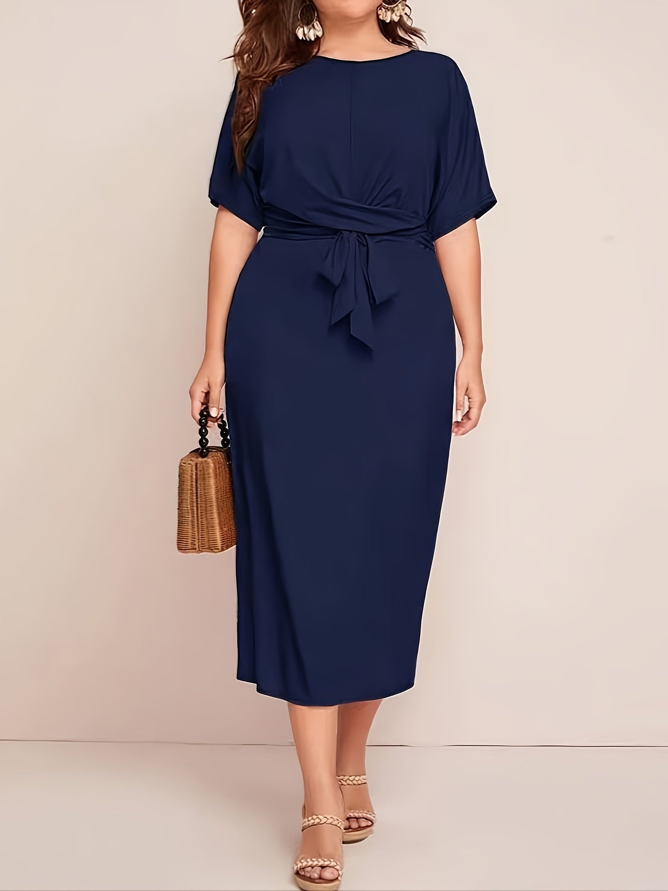 Sixsr Solid Tie Waist Elegant Dress, Half Sleeve Slim Dress For Spring & Fall, Women's Clothing