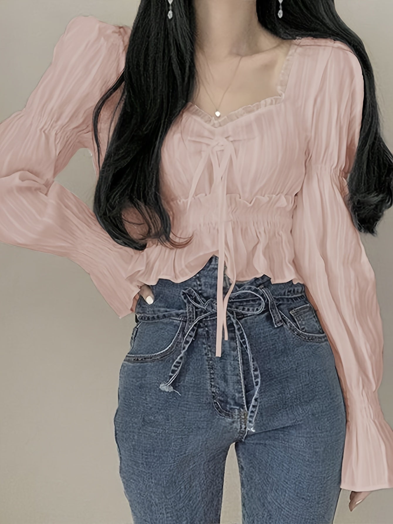 Sixsr Ruffle Trim Sweetheart Neck Blouse, Chic Puff Sleeve Cinched Waist Crop Blouse For Spring & Fall, Women's Clothing