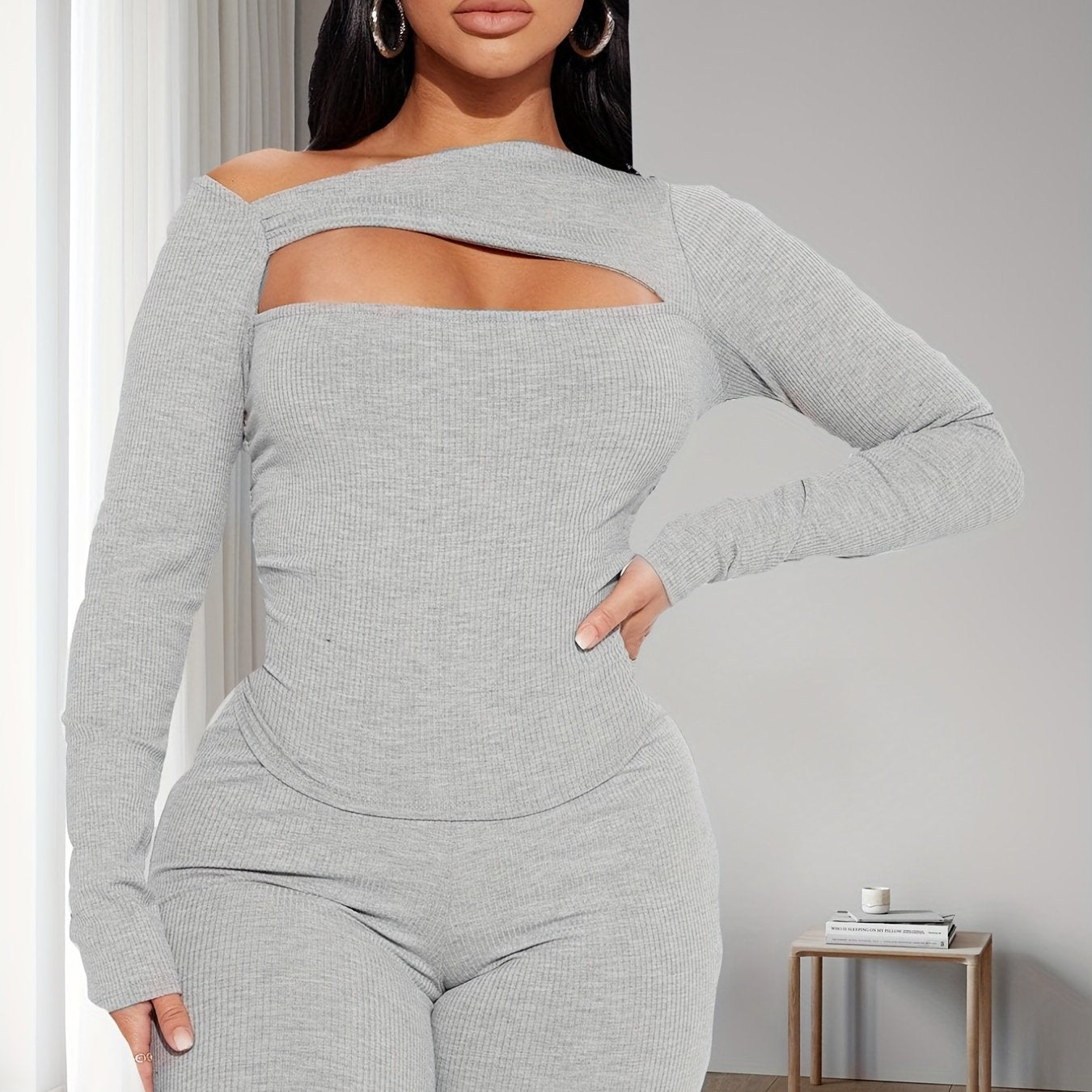 Women's two-piece Casual Set - Cut Out Long Sleeve Top and Slim Pants Outfit for Comfortable and Stylish Look