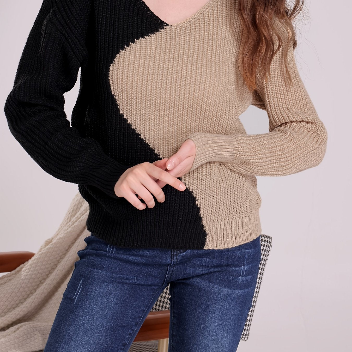Sixsr Color Block Drop Shoulder Sweater, Casual V-neck Long Sleeve Sweater, Women's Clothing