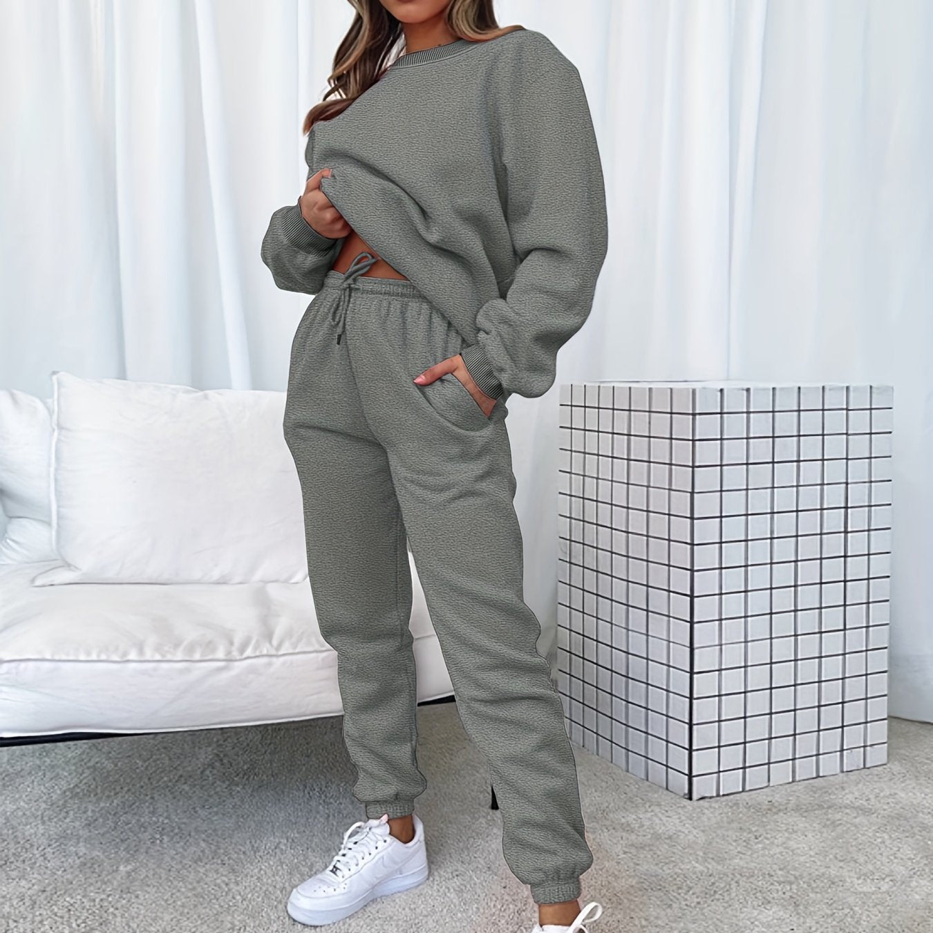 Sixsr Solid Casual Two-piece Set, Long Sleeve Crew Neck Sweatshirt & Drawstring Waist Jogger Pants Outfits, Women's Clothing