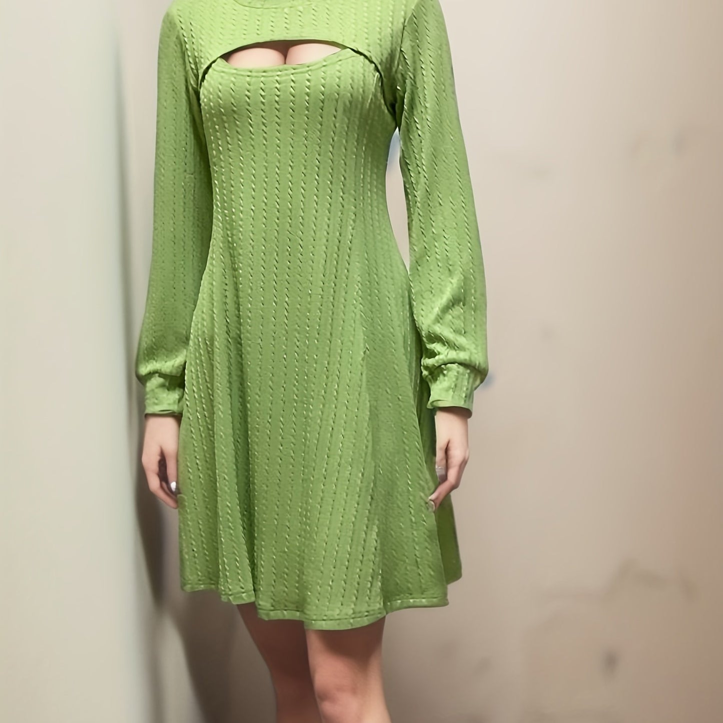 Sixsr Cut Out Solid Dress, Casual Crew Neck Long Sleeve Dress, Women's Clothing