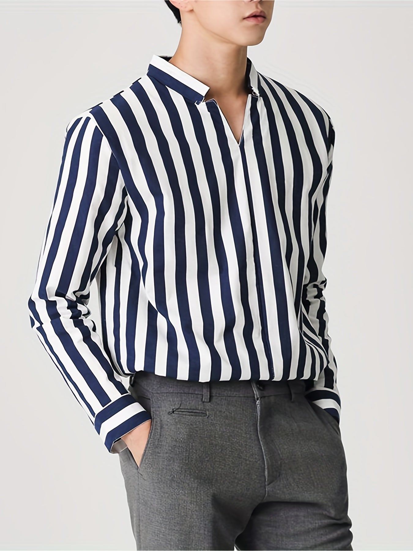 Sixsr Men's Casual Stripe V Neck Long Sleeve Shirt With No Button, Male Clothes For Spring And Summer