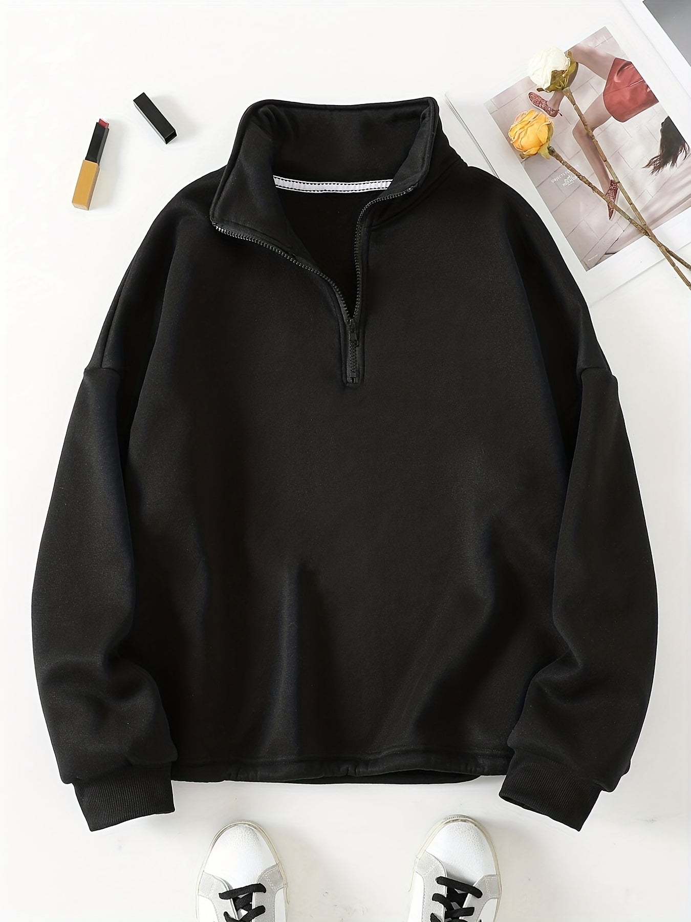 Sixsr Solid Quarter Zip Pullover Sweatshirt, Casual Long Sleeve Mock Neck Sweatshirt For Fall & Winter, Women's Clothing
