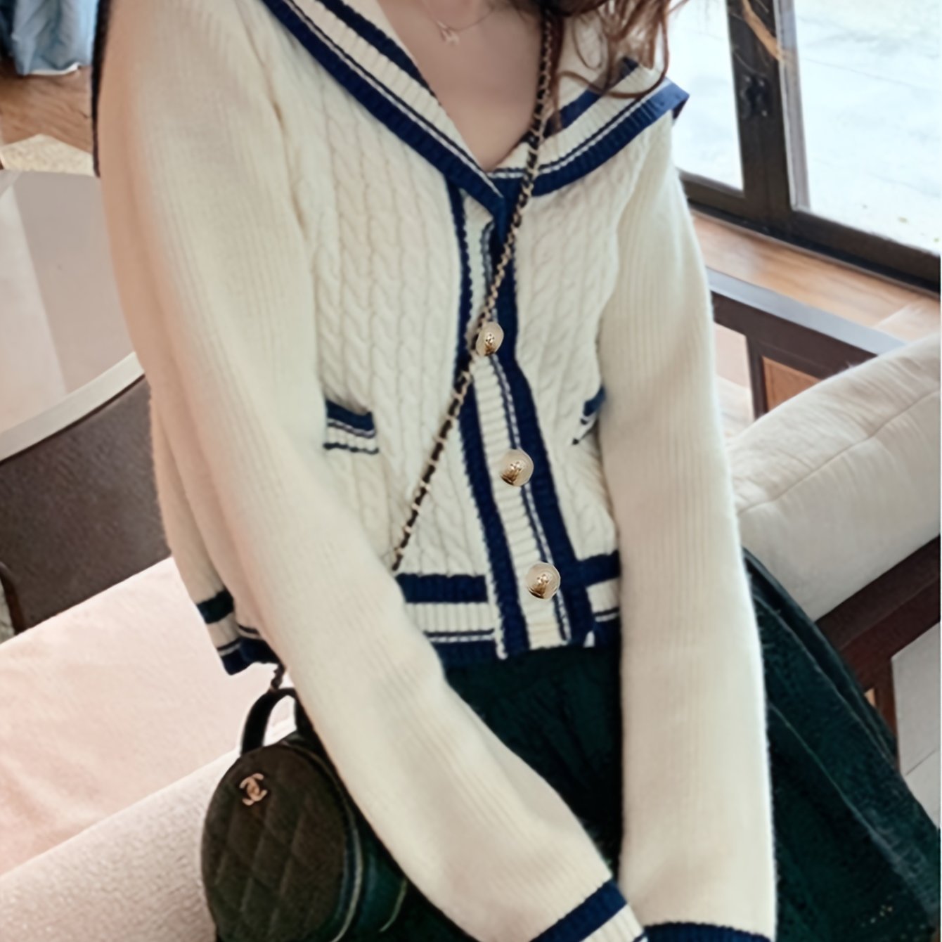 Sixsr Striped Button Down Cable Knit Cardigan, Elegant Collared Long Sleeve Preppy Style Sweater, Women's Clothing