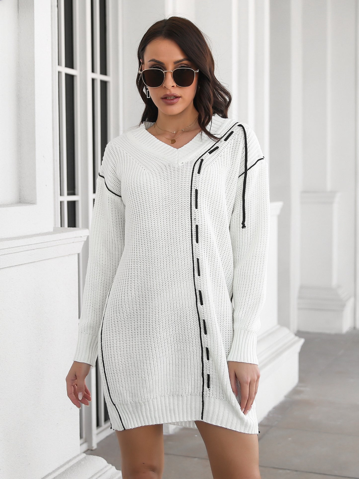 Sixsr Women's Sweater Drawstring Sweater Skirt V Neck Long Sleeve Knit Sweater Dress