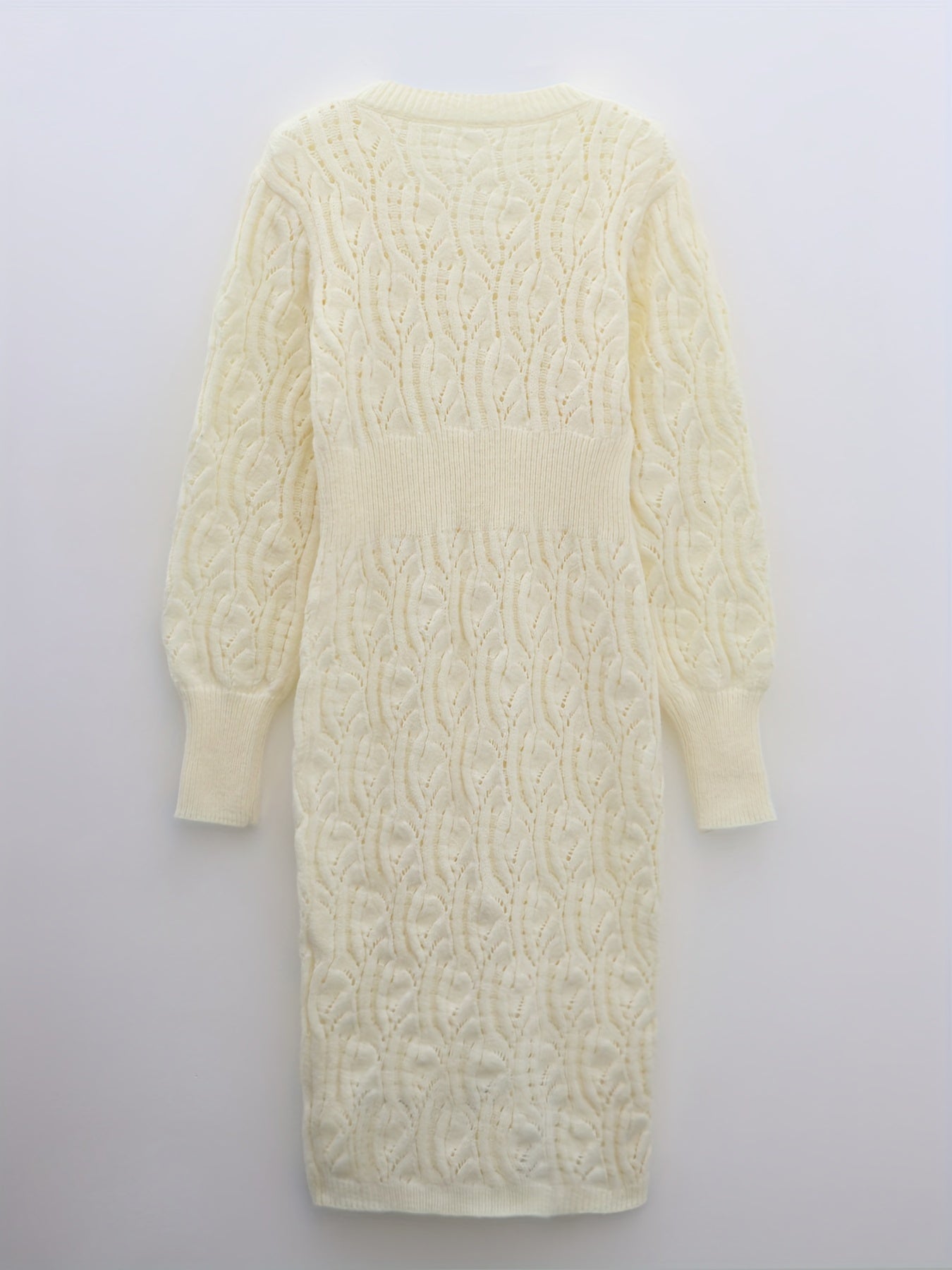 Sixsr Solid Eyelet Sweater Dress, Elegant V Neck Long Sleeve Midi Dress, Women's Clothing