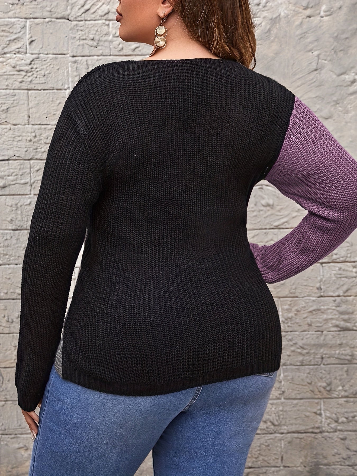 Sixsr Plus Size Casual Sweater, Women's Plus Colorblock Faux Pearl Decor Long Sleeve V Neck Cross Jumper