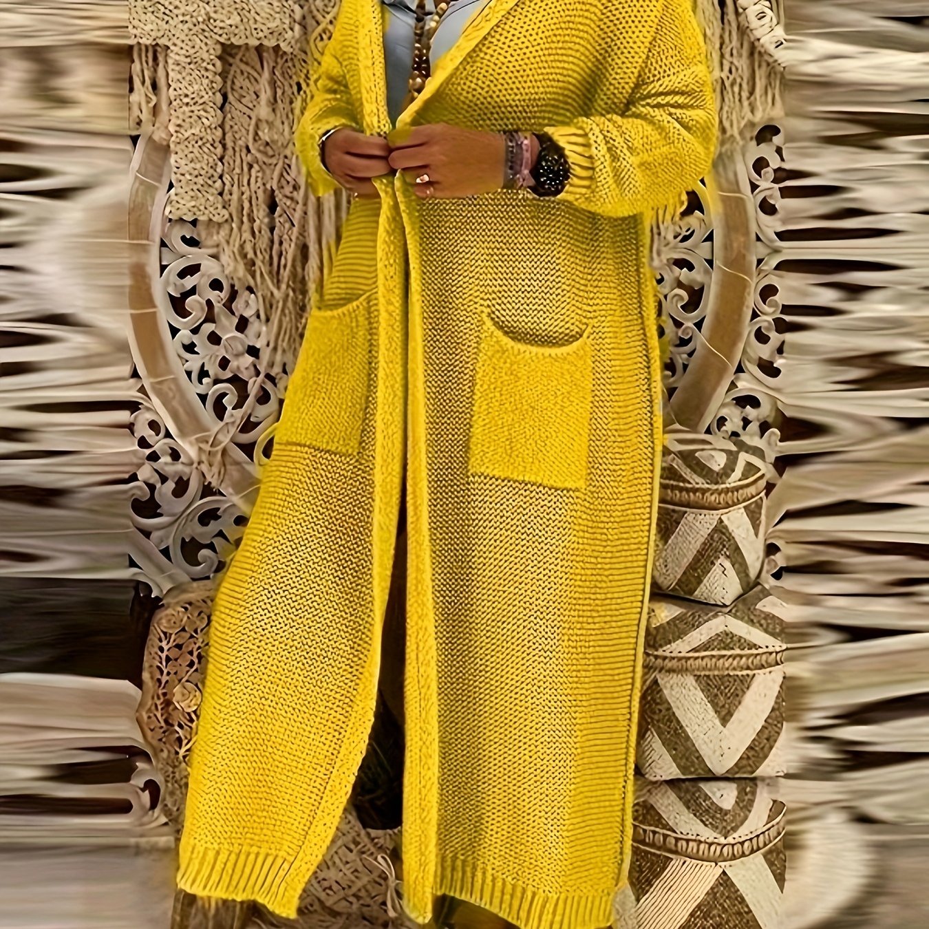 Sixsr Solid Open Front Hooded Knit Cardigan, Casual Long Sleeve Long Length Sweater With Pocket, Women's Clothing