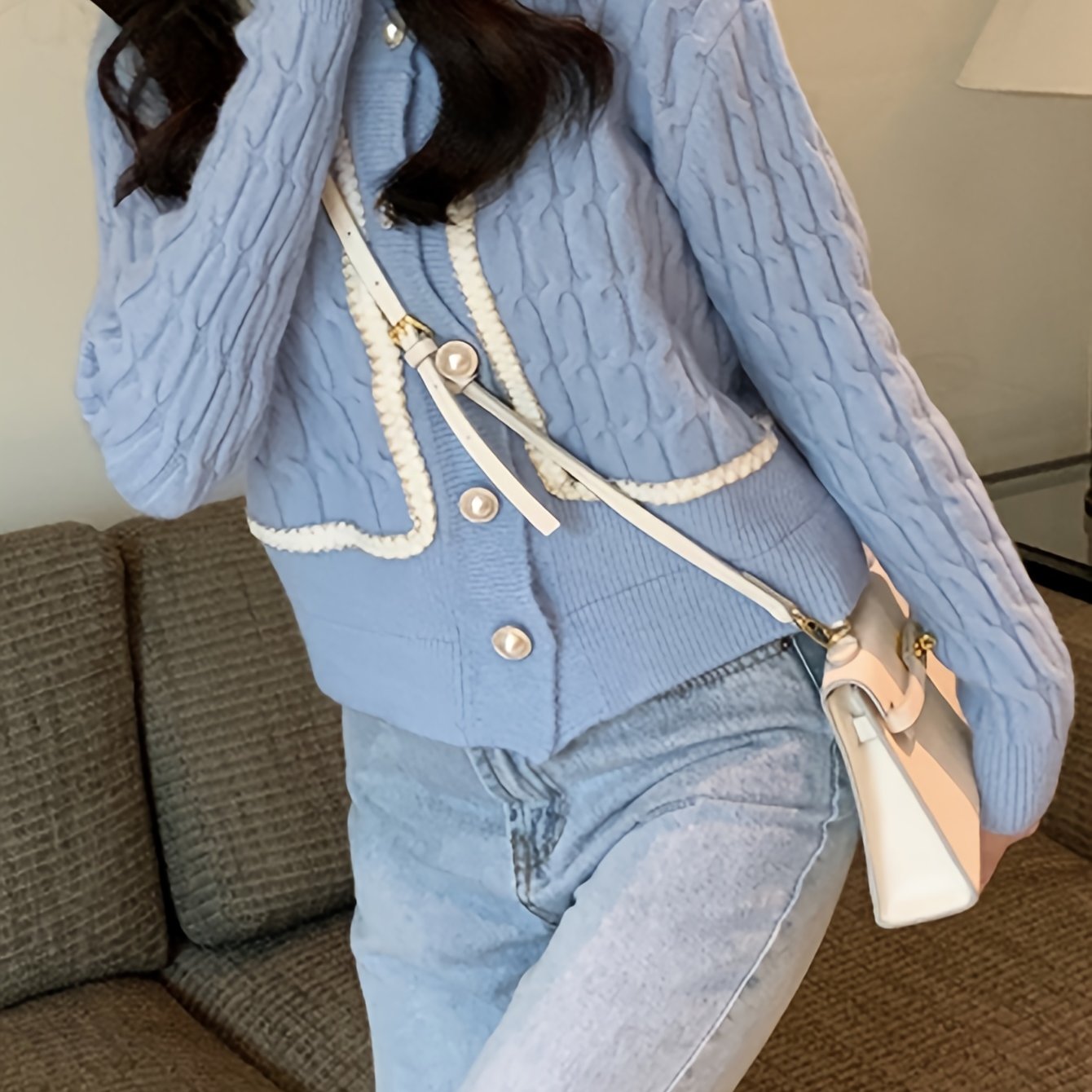 Sixsr Cable Knit Button Up Cardigan, Casual Crew Neck Long Sleeve Sweater, Women's Clothing