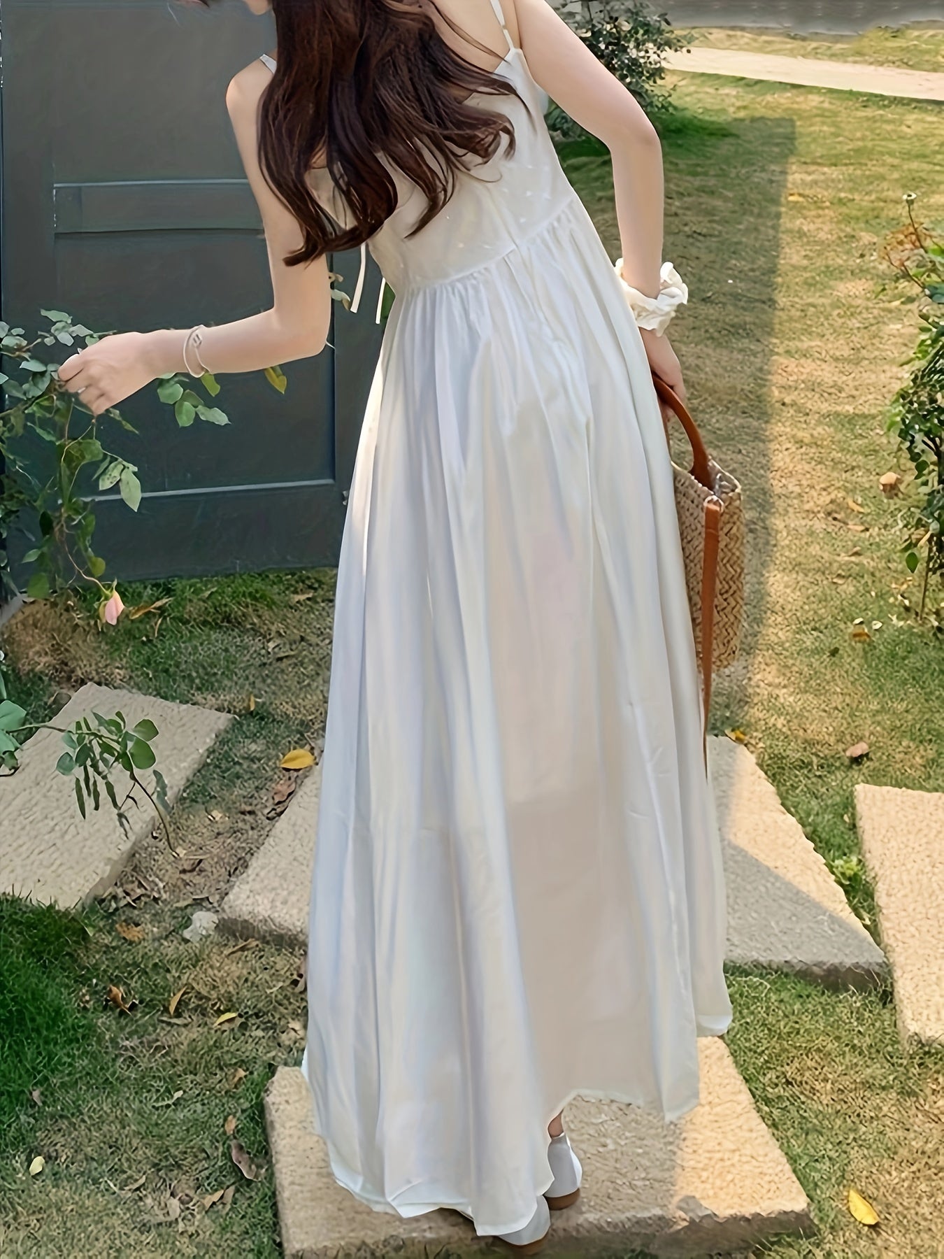 Sixsr Solid Tie Front V-neck Cami Dress, Elegant Ruffle Hem Swing Sleeveless Dress For Spring & Summer, Women's Clothing