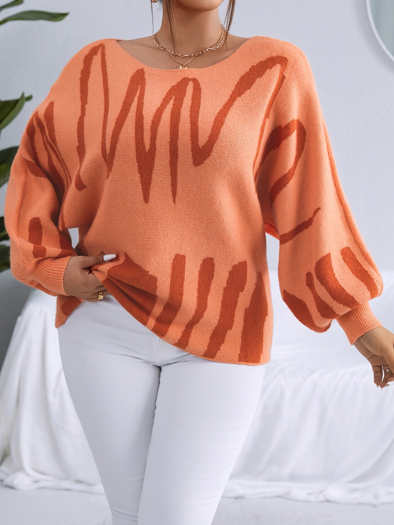 Sixsr Plus Size Jacquard Boat Neck Long Sleeve Sweater, Women's Plus High Stretch Casual Pullover Sweater