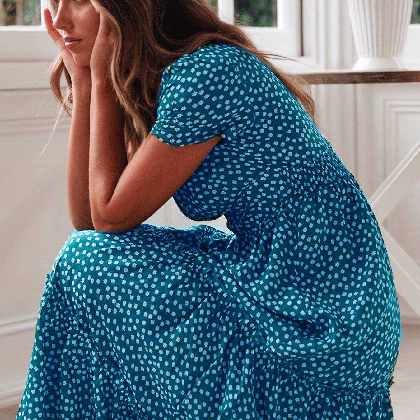 Sixsr Floral Print Square Neck Dress, Boho Puff Sleeve High Waist Tiered Flowy Summer Maxi Dresses, Women's Clothing