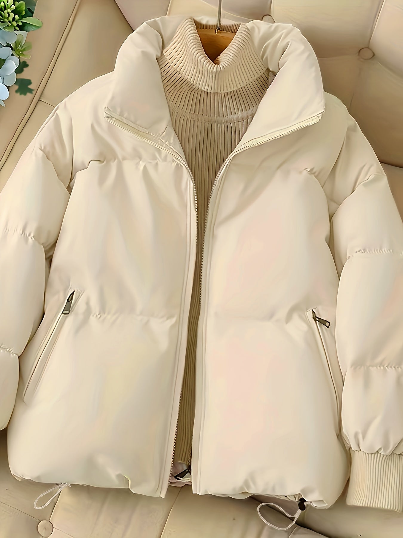 Sixsr Solid Zip Front Coat, Casual Stand Collar Long Sleeve Fall & Winter Warm Outerwear, Women's Clothing