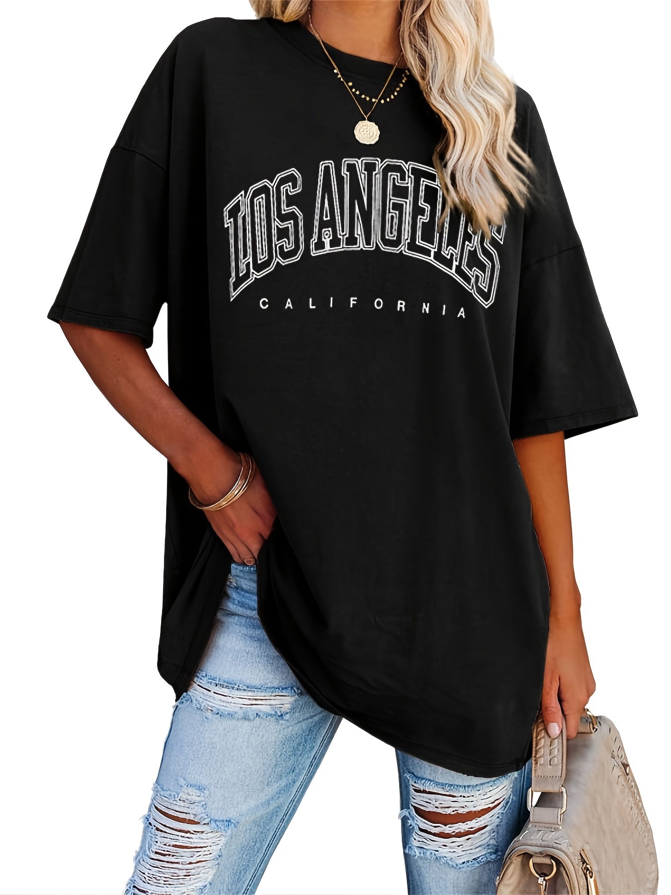 Sixsr Oversized Letter Print T-Shirt, Crew Neck Short Sleeve T-Shirt, Casual Every Day Tops, Women's Clothing