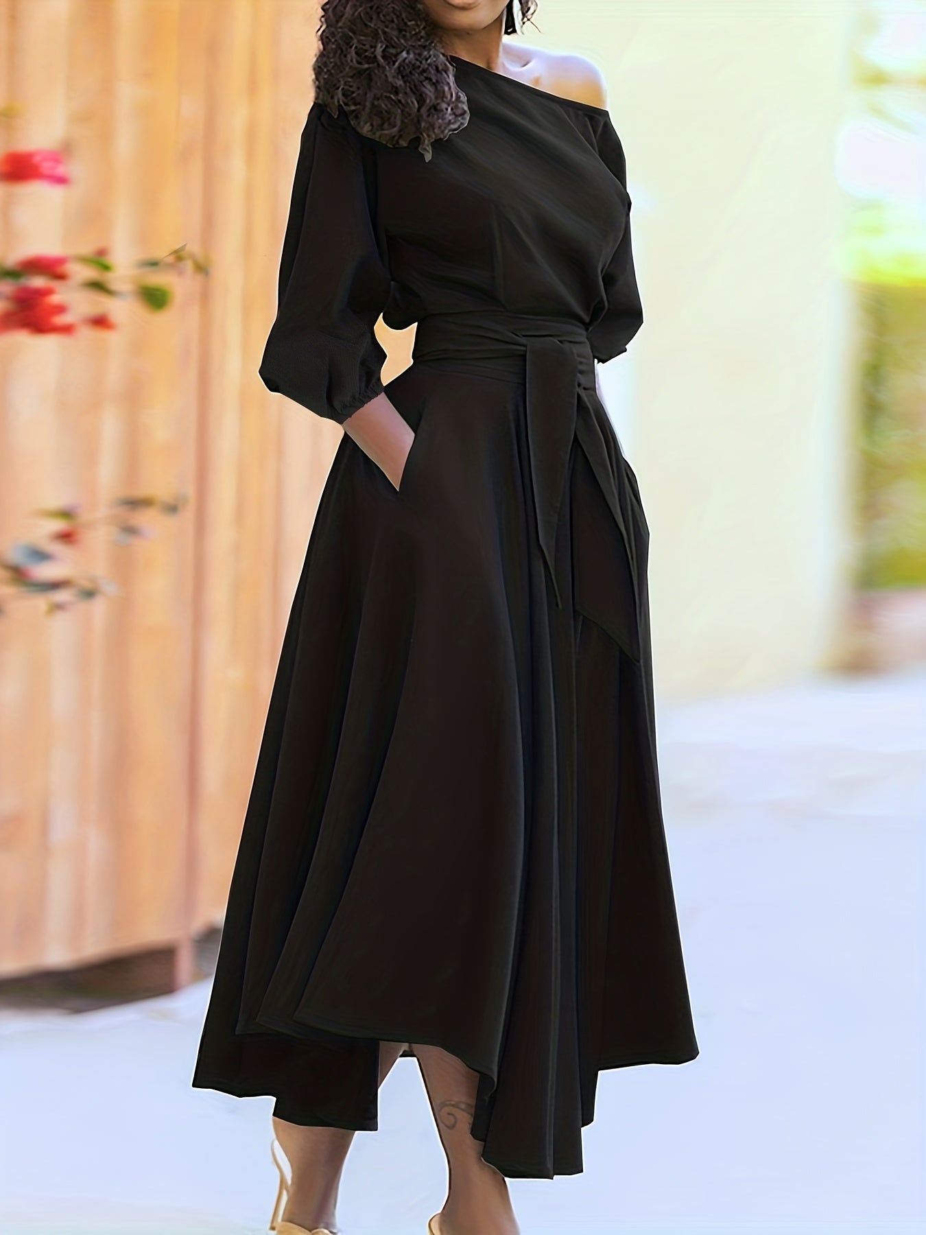 Sixsr Slant Shoulder Neck Tie Waist Dress, Elegant Dual Pockets Short Sleeve Dress, Women's Clothing