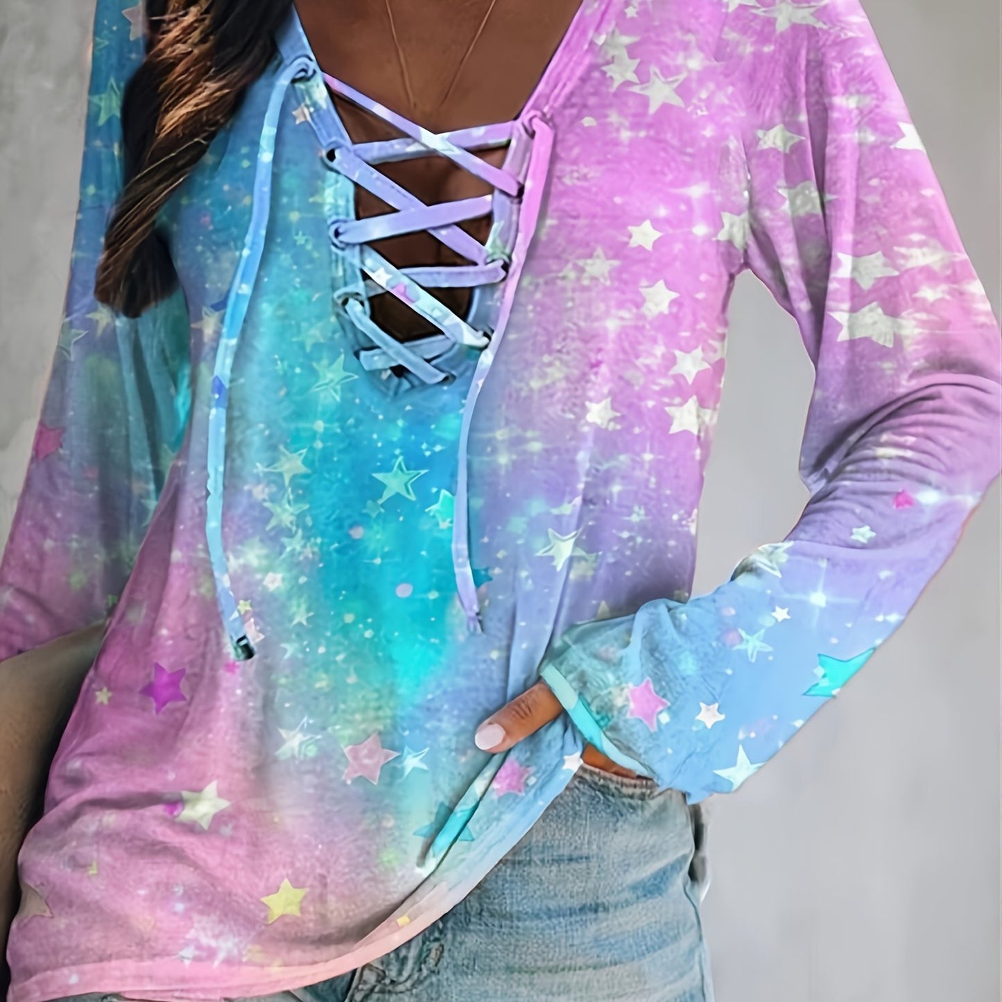 Tie Dye Criss Cross V Neck Long Sleeve T-shirt, Casual Spring & Fall Loose T-shirt, Women's Clothing