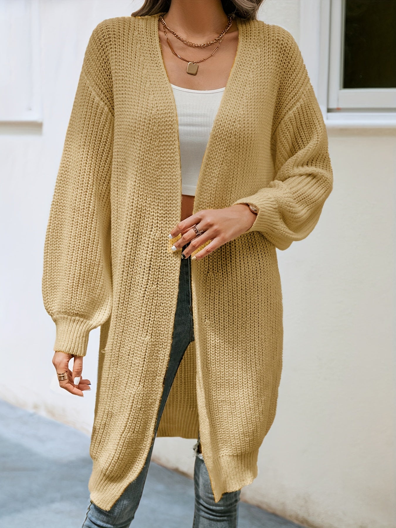 Sixsr Drop Shoulder Solid Knit Cardigan, Open Front Long Sleeve Sweater, Women's Clothing