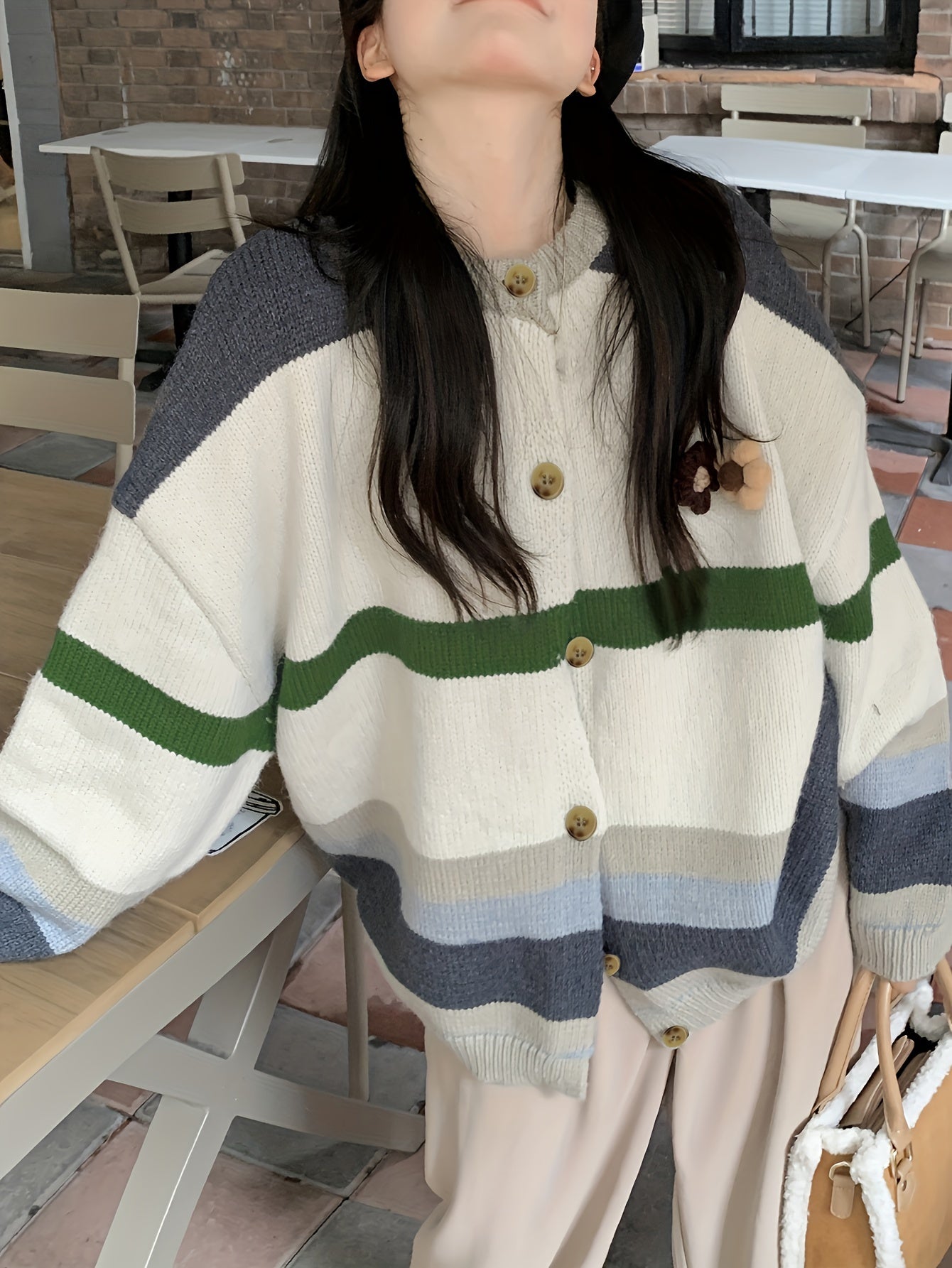 Sixsr Striped Button Front Cardigan, Casual Long Sleeve Drop Shoulder Outwear, Women's Clothing