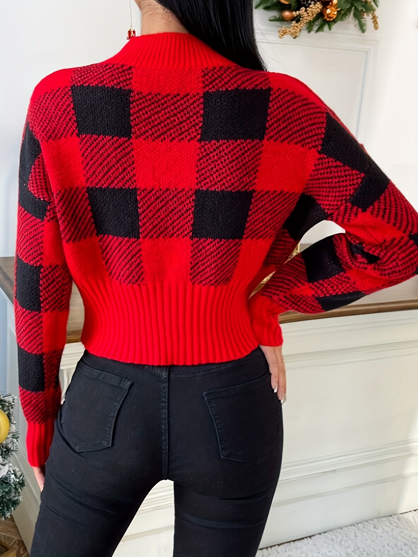 Sixsr Christmas Plaid Mock Neck Pullover Sweater, Casual Cinched Waist Long Sleeve Sweater, Women's Clothing