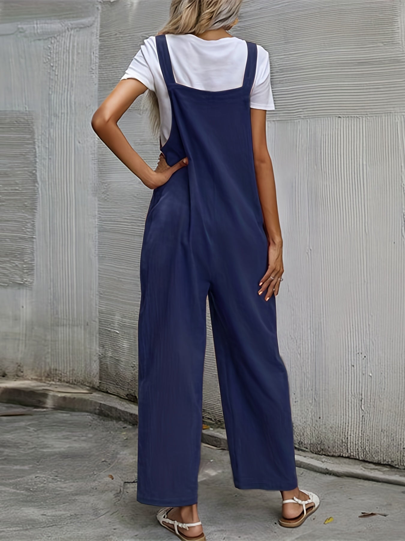 Sixsr Solid Patched Pockets Knot Strap Overall Jumpsuit, Casual Overall Jumpsuit For Spring & Summer, Women's Clothing