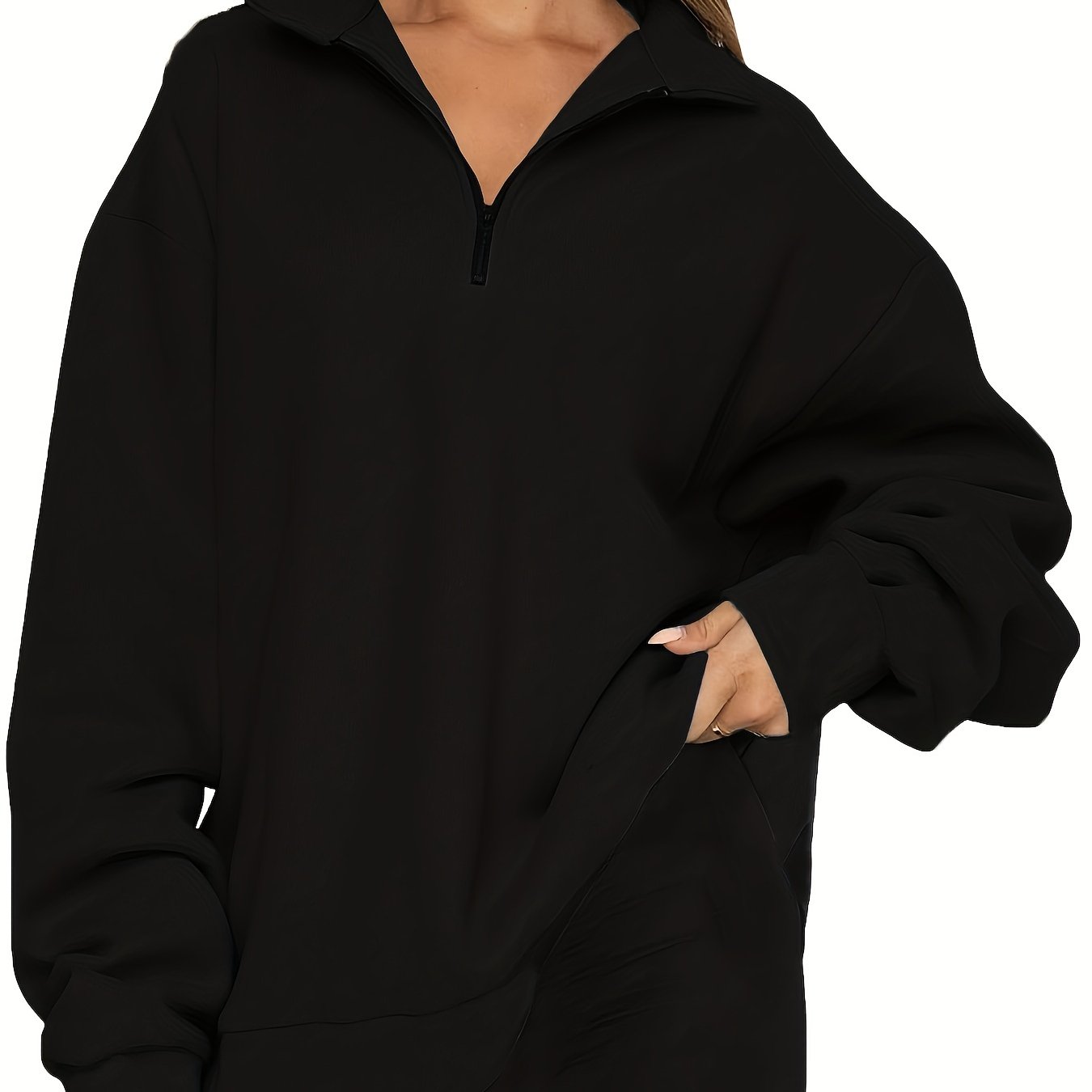 Sixsr Plus Size Casual Sweatshirt, Women's Plus Solid Long Sleeve Zip Up Lapel Collar Pullover Sweatshirt, Casual Tops For Fall & Winter, Women's Clothing
