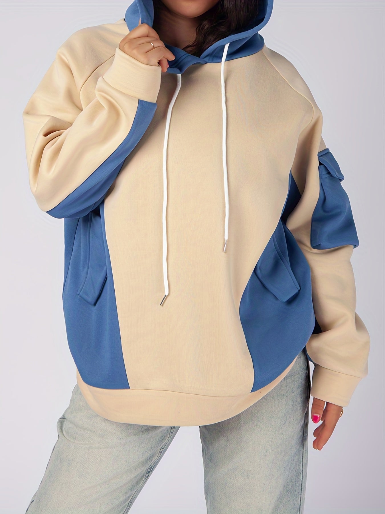Sixsr Plus Size Casual Sweatshirt, Women's Plus Colorblock Long Sleeve Drawstring Hooded Pullover Sweatshirt With Flap Pockets, Casual Tops For Fall & Winter, Plus Size Women's Clothing