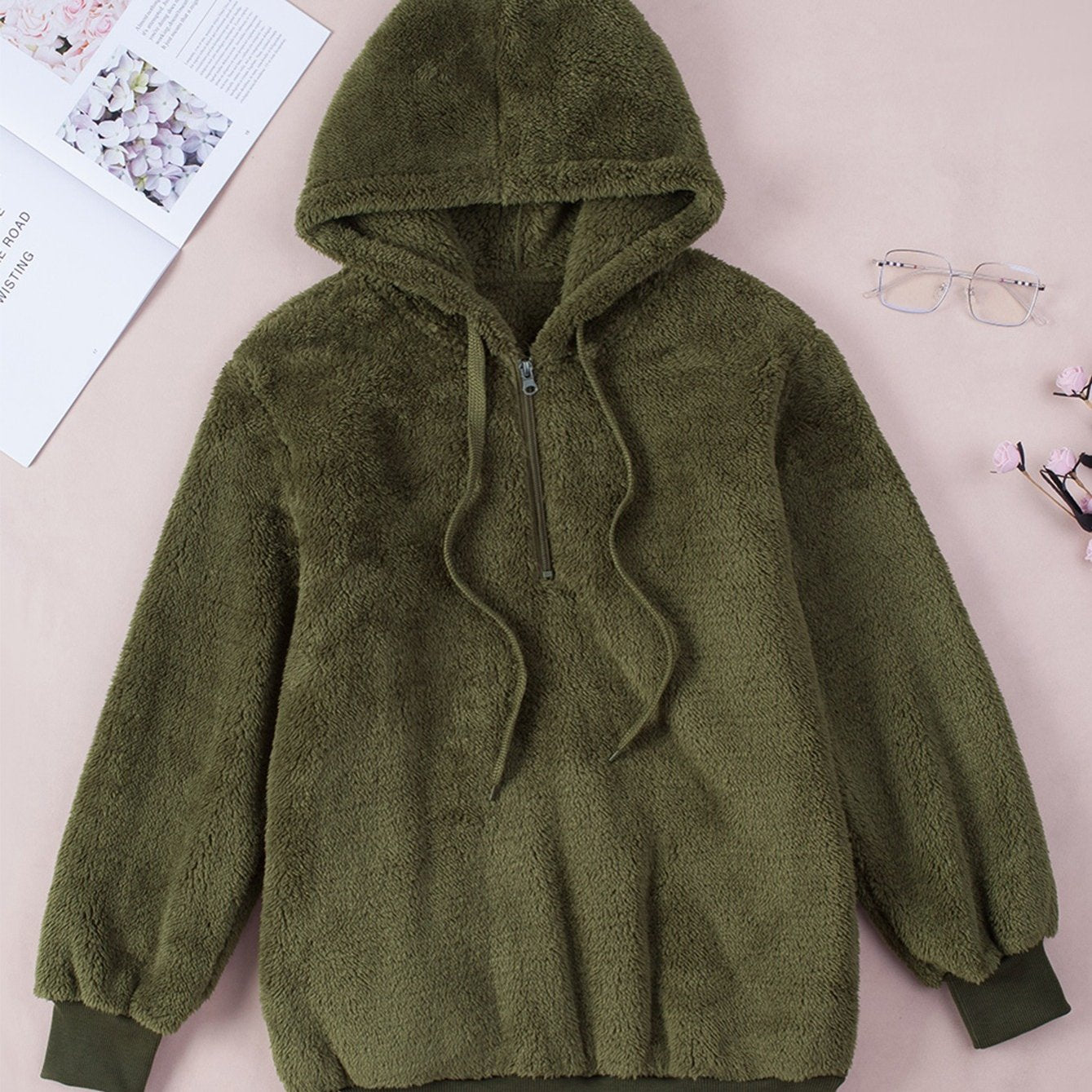 Sixsr Casual Drop Shoulder Drawstring Teddy Hoodie, Women's Solid Long Sleeve Half Zipper Sweatshirt Top