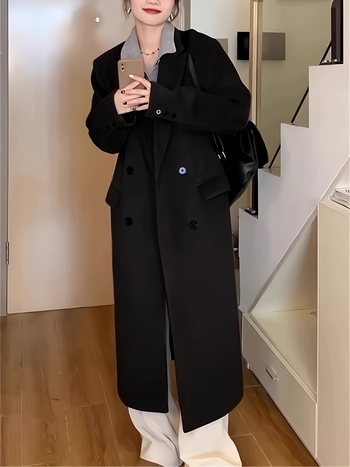 Sixsr Notched Collar Double-breasted Coat, Casual Long Sleeve Midi Overcoat For Fall & Winter, Women's Clothing