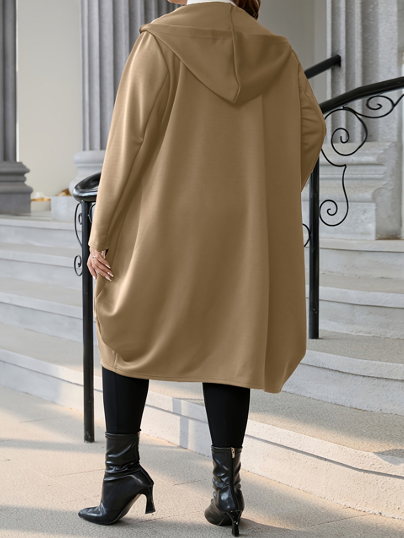Sixsr Plus Size Casual Coat, Women's Plus Solid Zipper Long Sleeve Slight Stretch Hooded Oversized Coat With Pockets