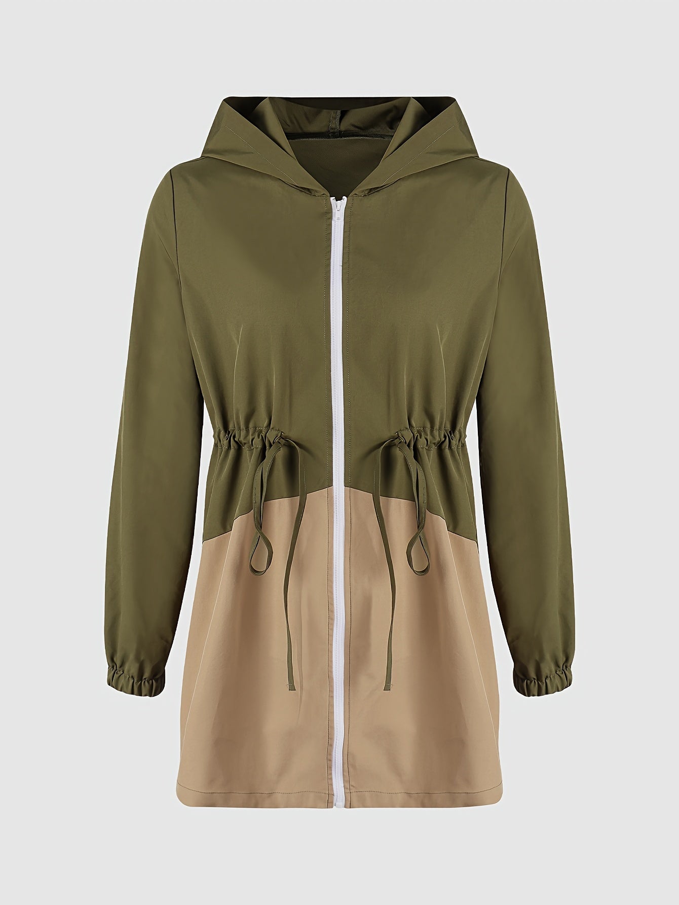 Sixsr Color Block Drawstring Jacket, Elegant Zip Up Hooded Long Sleeve Outerwear, Women's Clothing