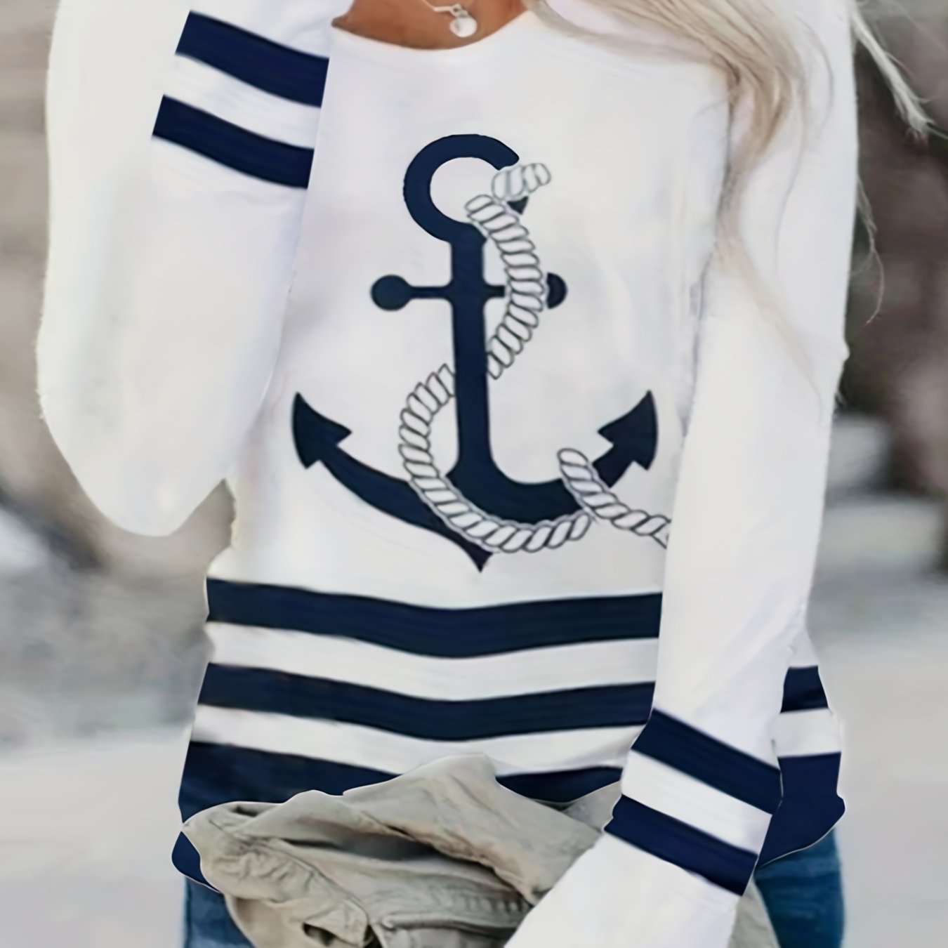 Sixsr Plus Size Casual Top, Women's Plus Colorblock Stripe & Anchor Print Long Sleeve Round Neck Medium Stretch Top