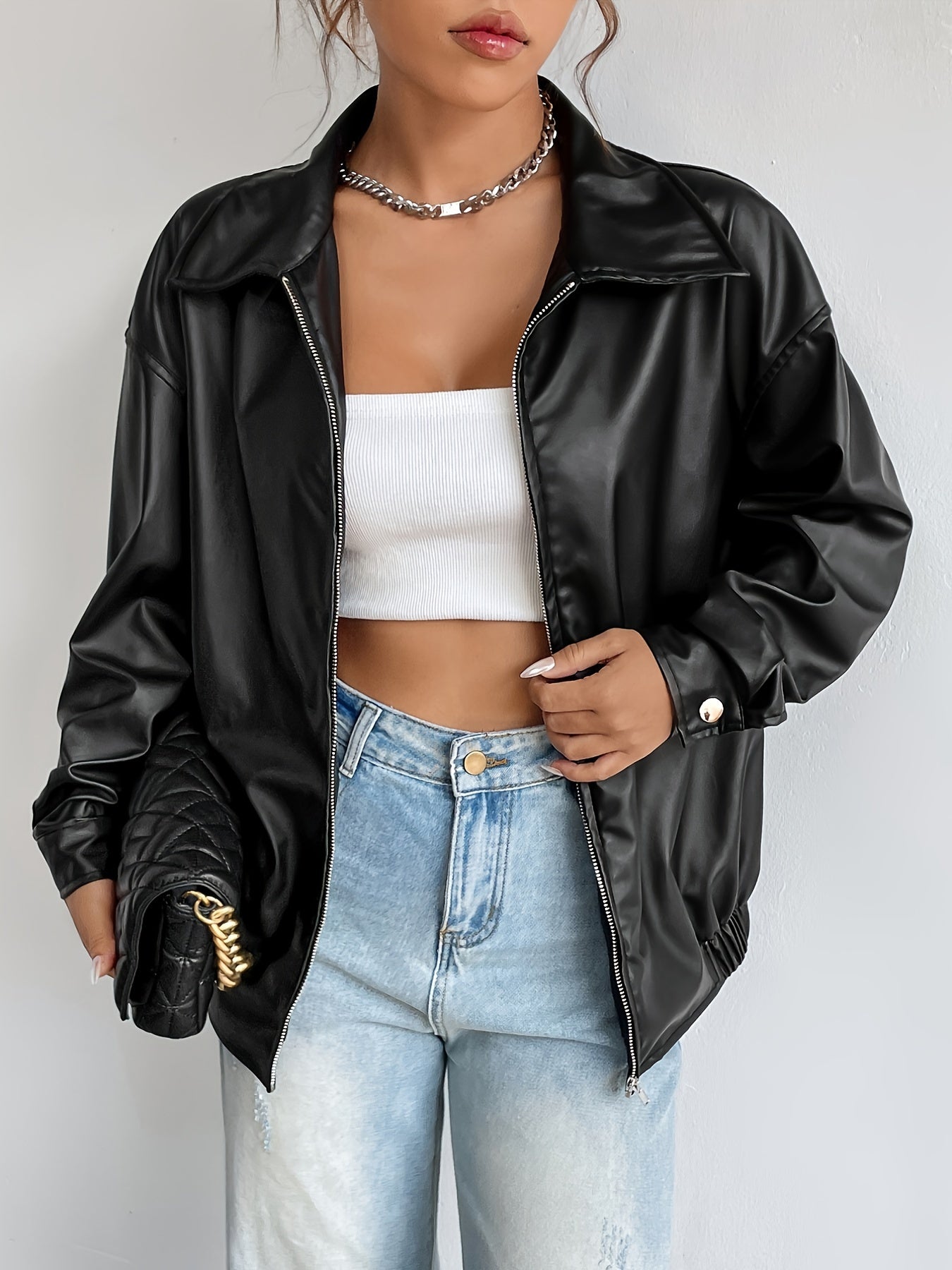 Sixsr Solid Zipper Front PU Leather Jacket, Casual Y2K Long Sleeve Jacket For Spring & Fall, Women's Clothing