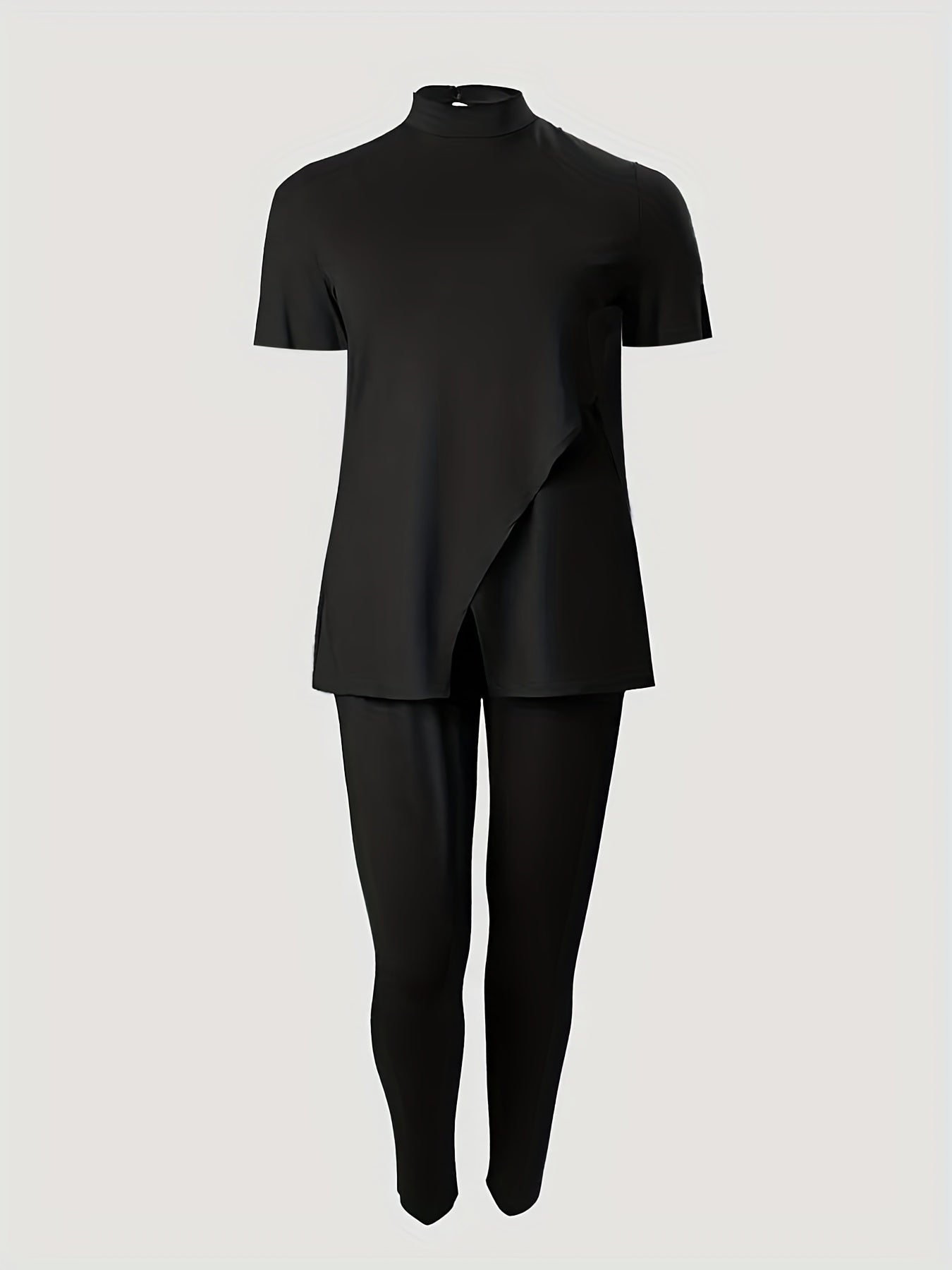 Women's two-piece Solid Casual Set - Split Short Sleeve Tee & High Waist Slim Pants Outfit for Comfortable and Stylish Look
