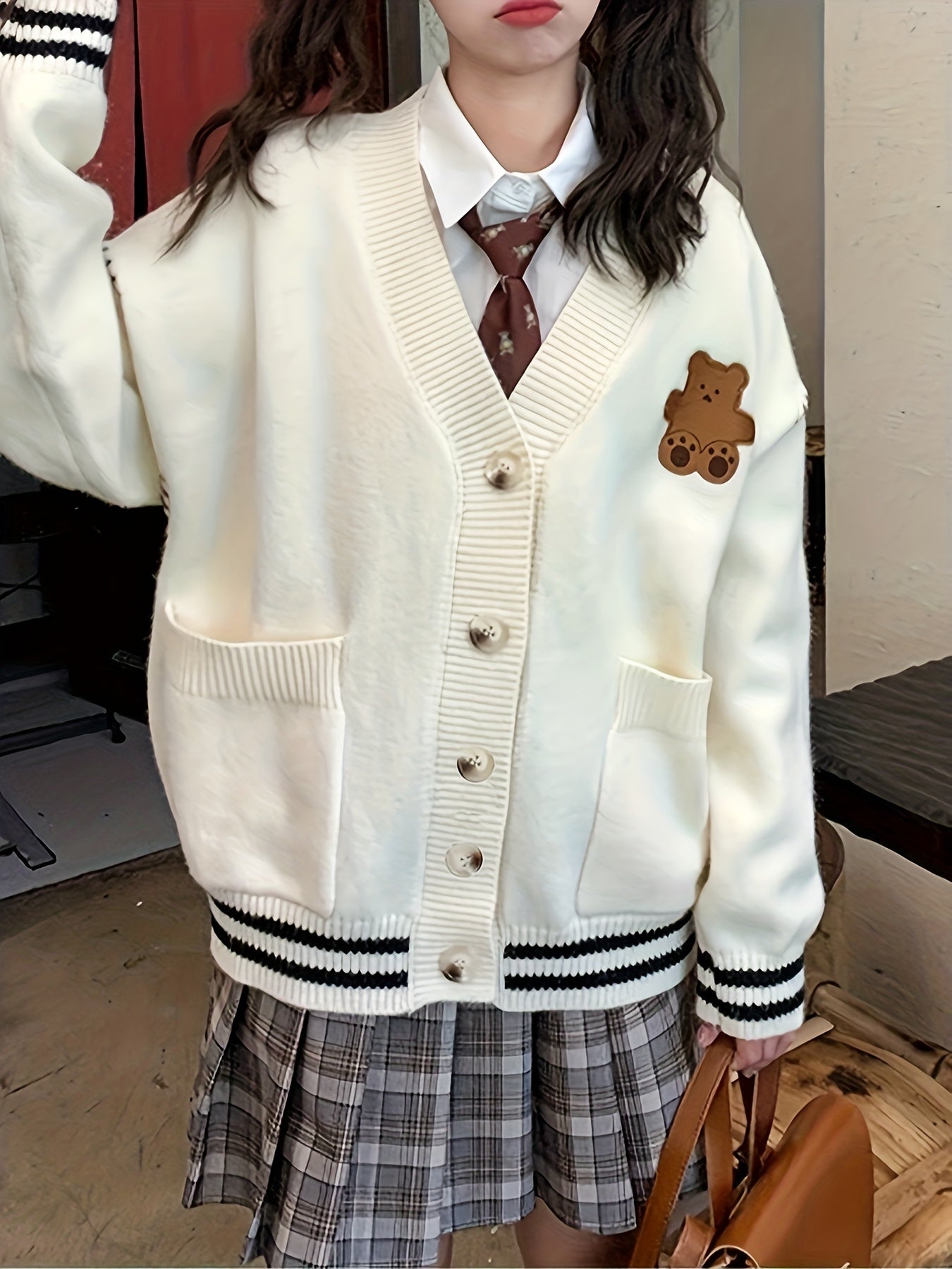 Sixsr Cartoon Bear Embroidered Knit Cardigan, Elegant V Neck Button Front Long Sleeve Sweater, Women's Clothing