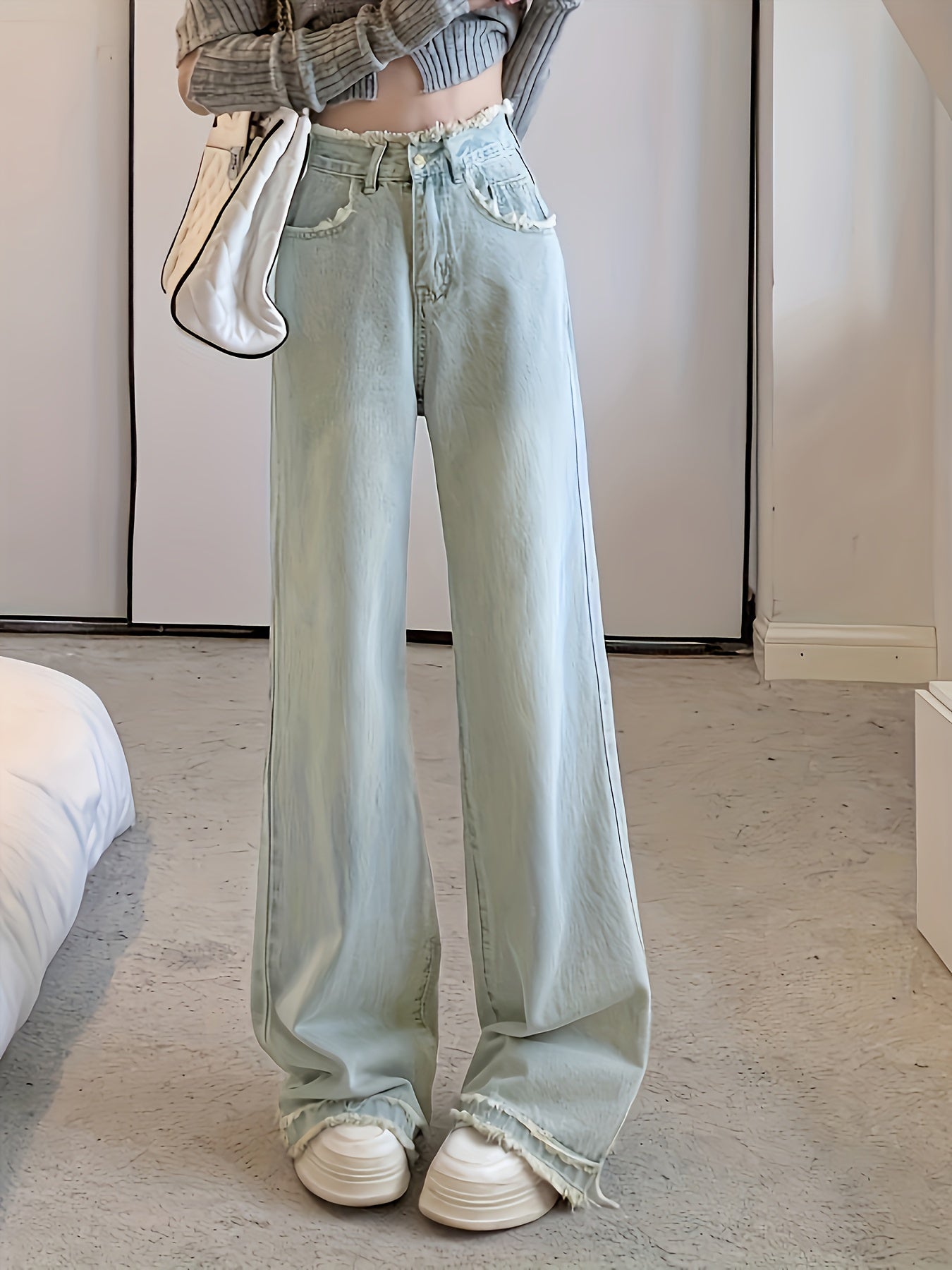 Sixsr High Waist Chic Baggy Jeans, Frayed Hem Loose Fit Slant Pockets Denim Pants, Women's Denim Jeans & Clothing